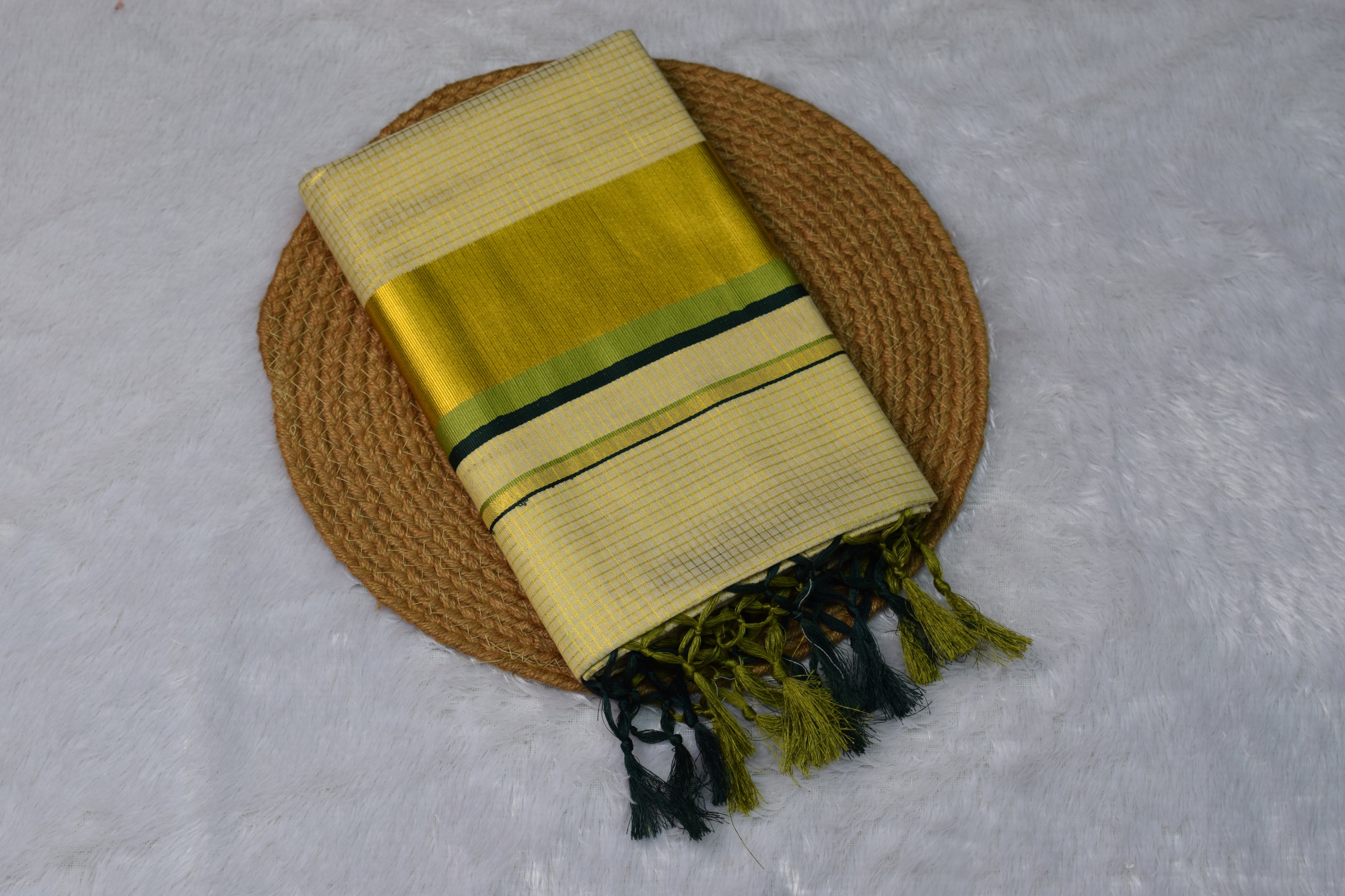 Cream & Gold Kasavu Saree Set with Green Border and Tassels - Main Product Image - Nushio