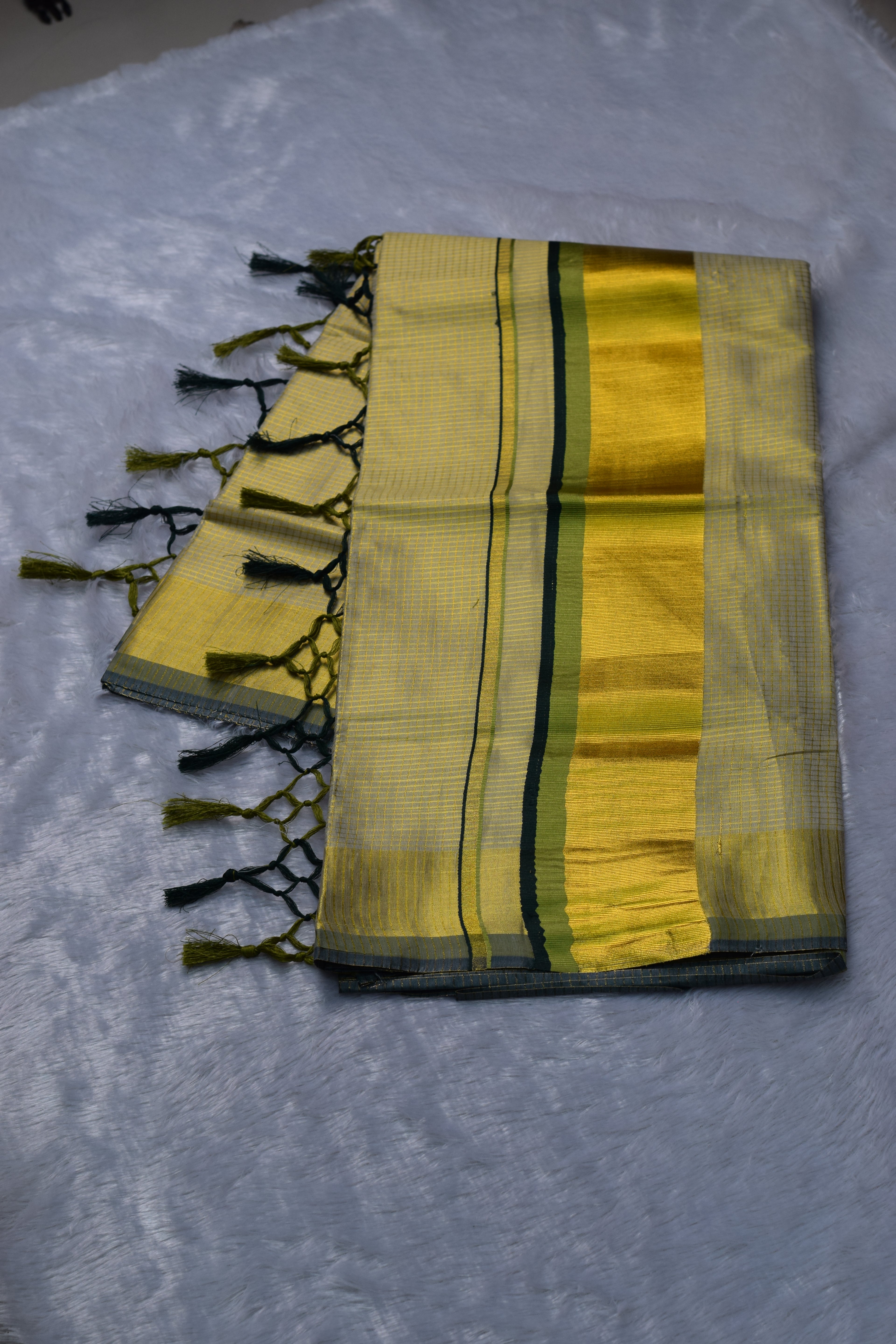 Cream & Gold Kasavu Saree with Green Border & Tassels | Nushio