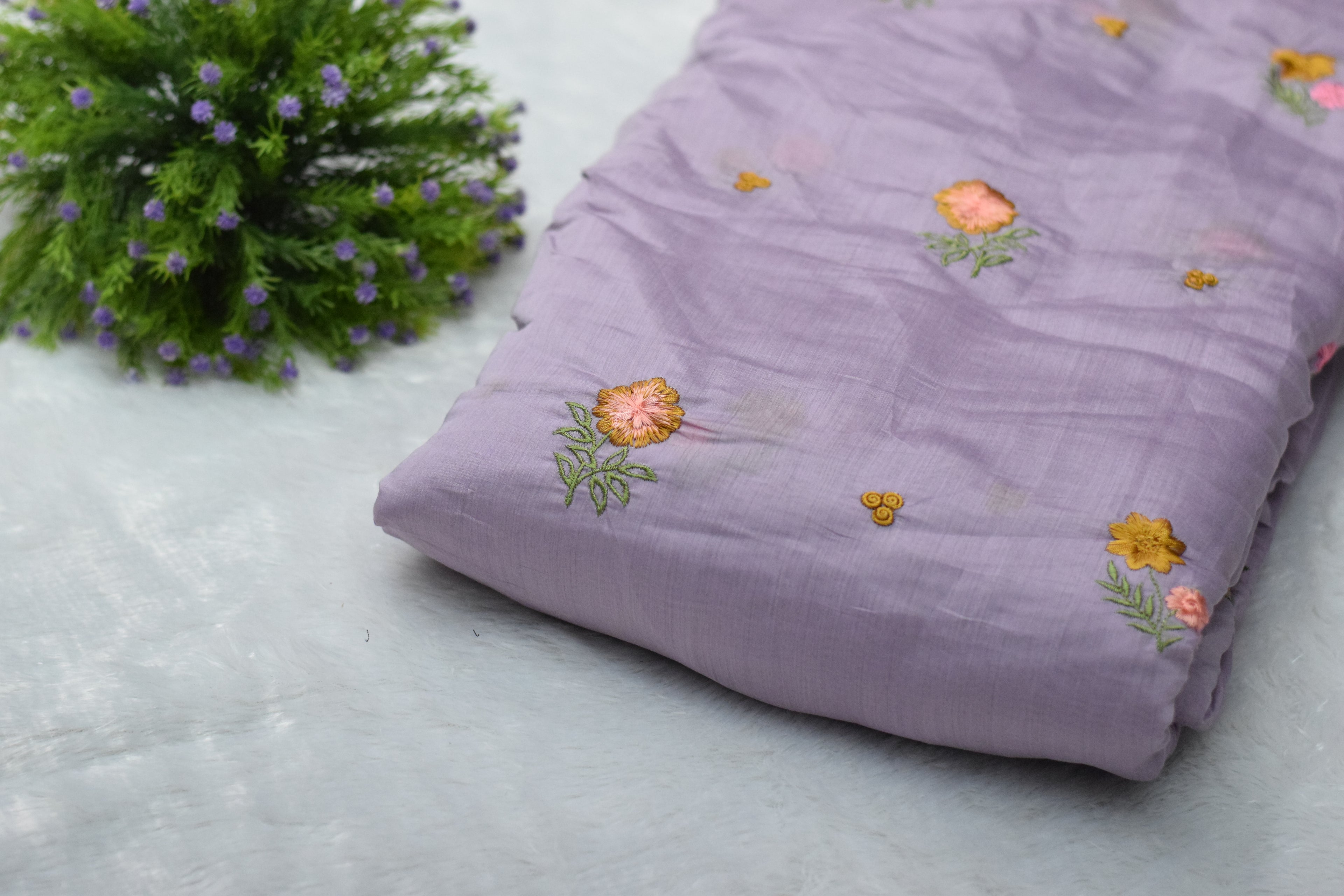 Lavender Mul Chanderi Fabric with Floral Embroidery - View 3 - Floral - Nushio