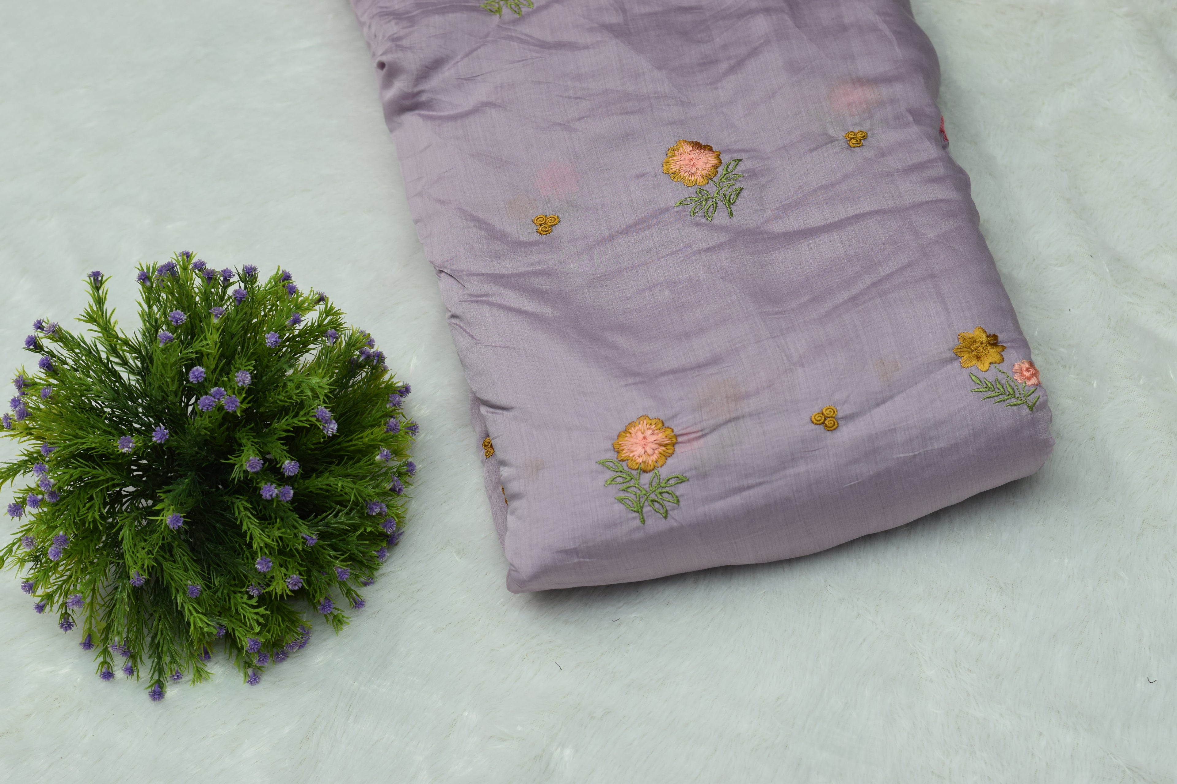 Lavender Mul Chanderi Fabric with Floral Embroidery