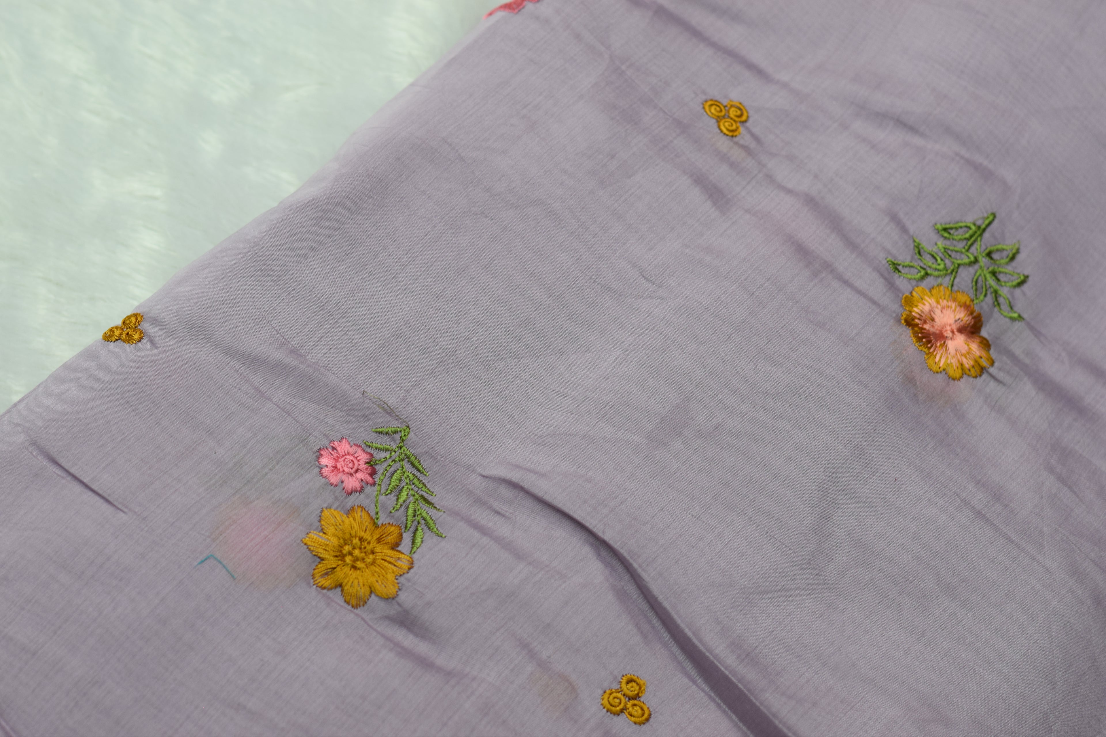 Lavender Mul Chanderi Fabric with Floral Embroidery