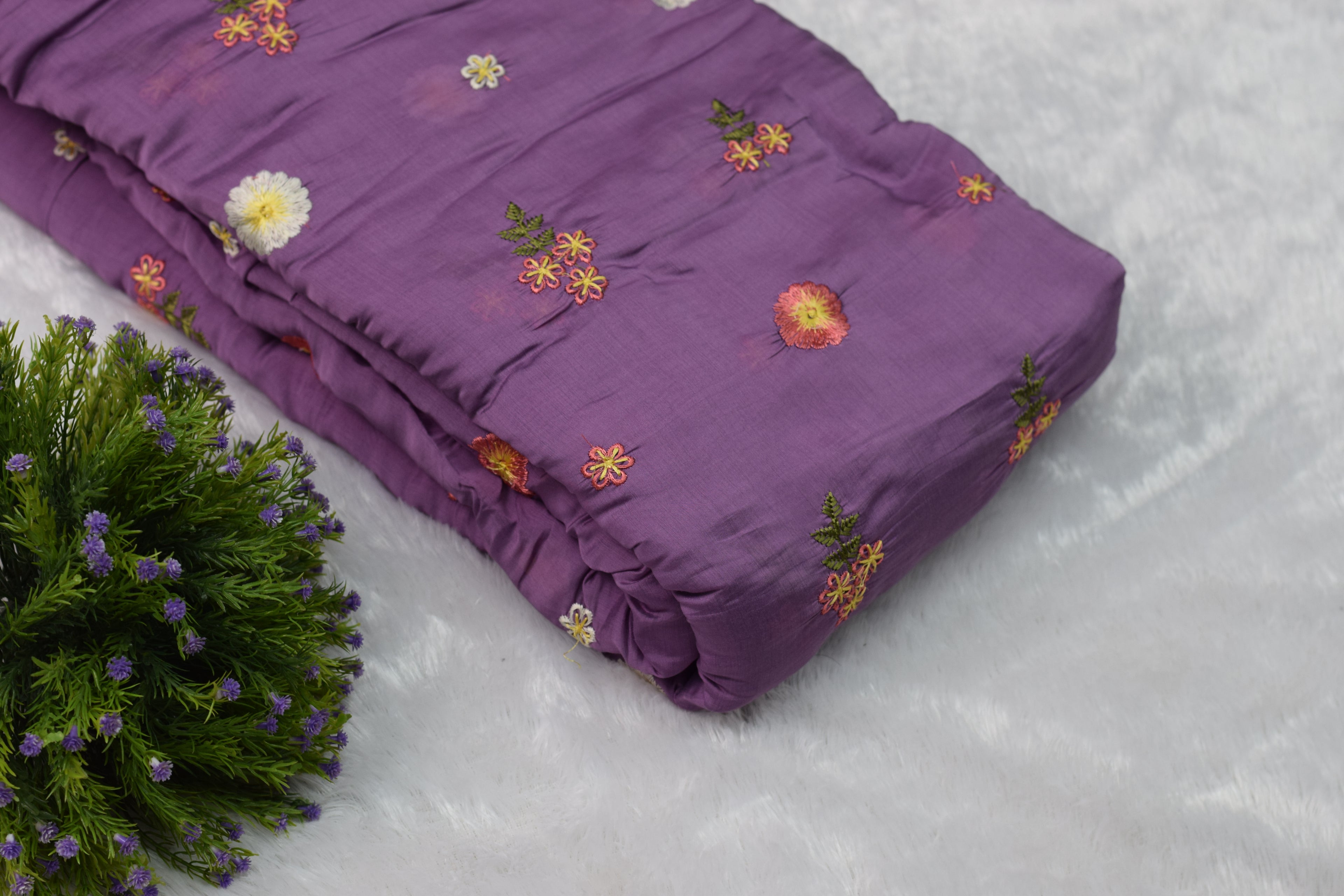Purple Floral Embroidered Mul Chanderi Fabric – 44 Inches Width