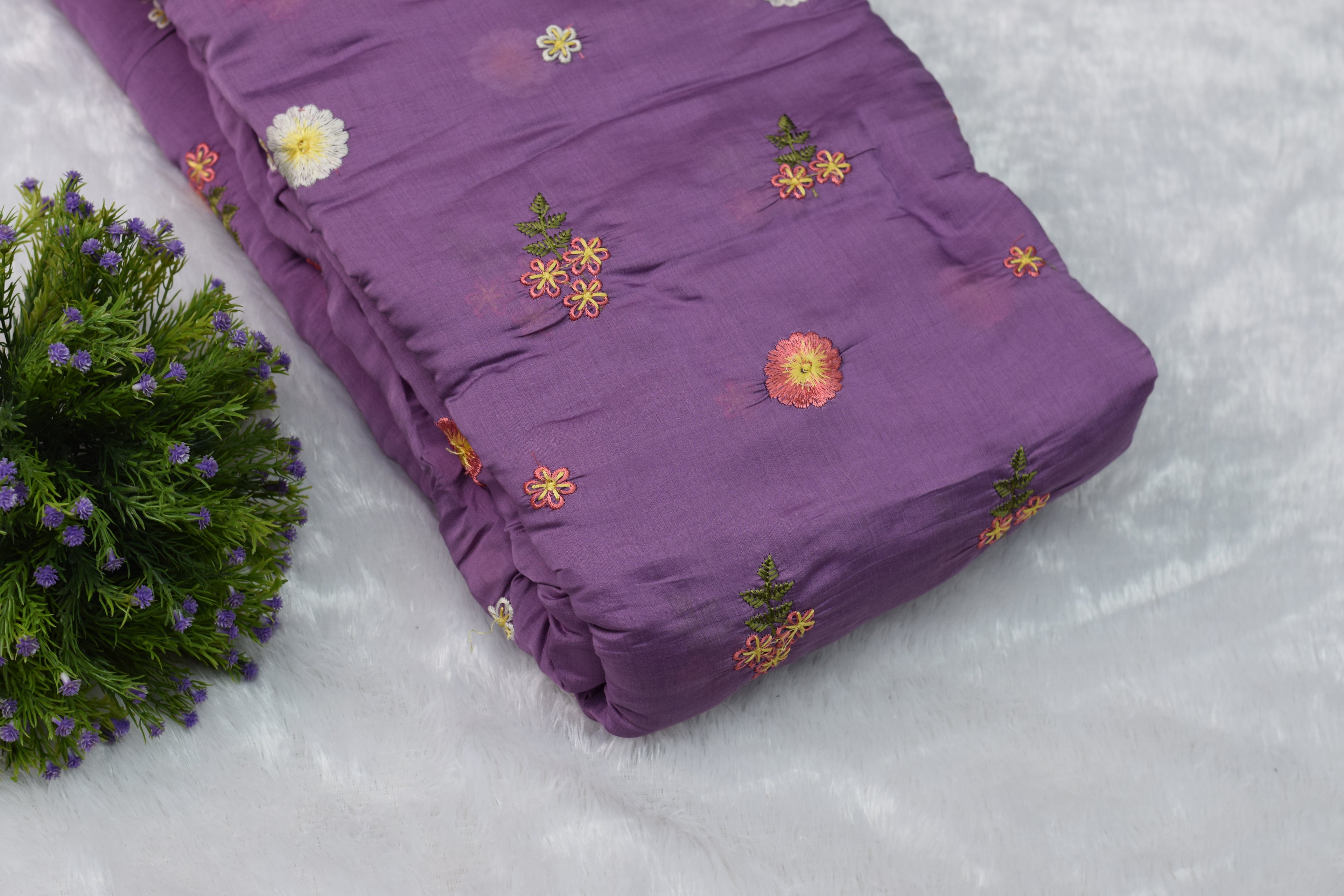 Purple Floral Embroidered Mul Chanderi Fabric – 44 Inches Width