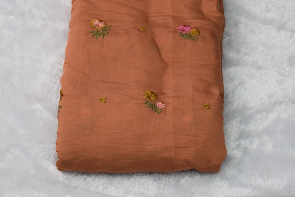 Premium Rust Mul Chanderi Fabric – 44 Inches Width | Soft & Lightweight Embroidered Dress Material