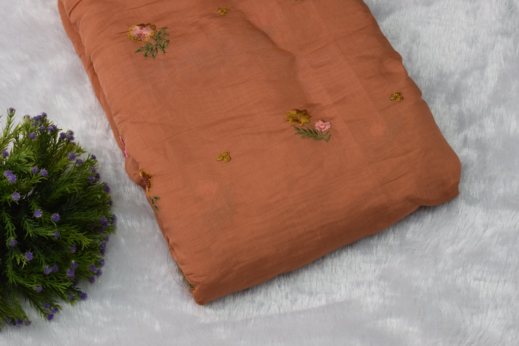 Premium Rust Mul Chanderi Fabric – 44 Inches Width | Soft & Lightweight Embroidered Dress Material