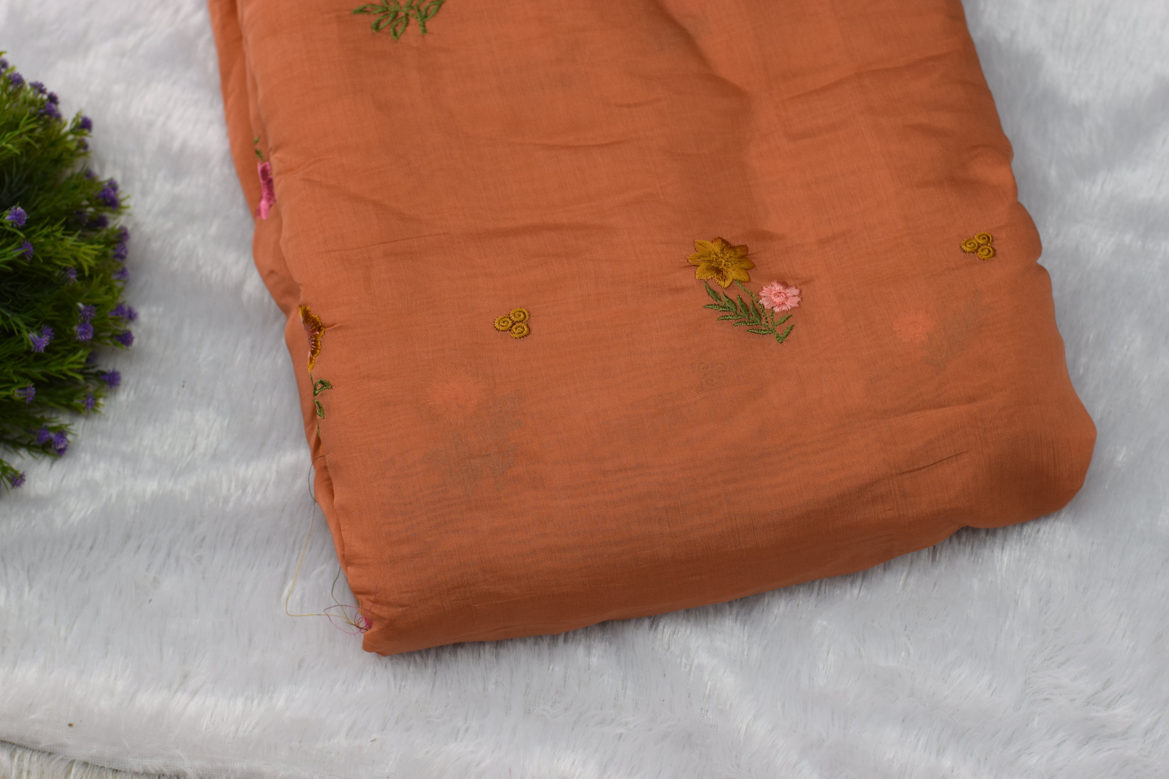 Premium Rust Mul Chanderi Fabric – 44 Inches Width | Soft & Lightweight Embroidered Dress Material