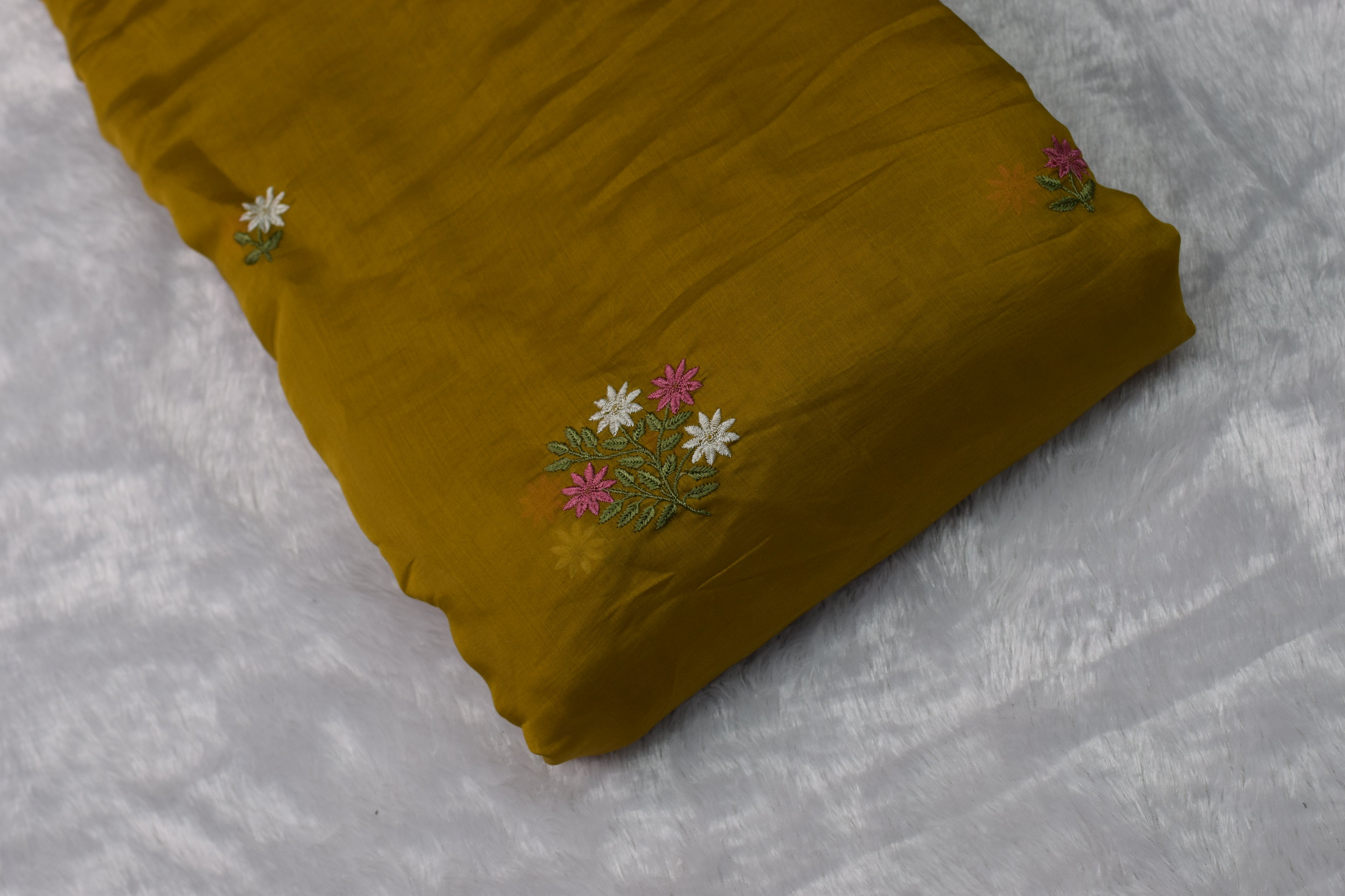 Mustard Yellow Mul Chanderi Fabric with Floral Embroidery – 44 Inches Width - View 2 - Floral - Nushio