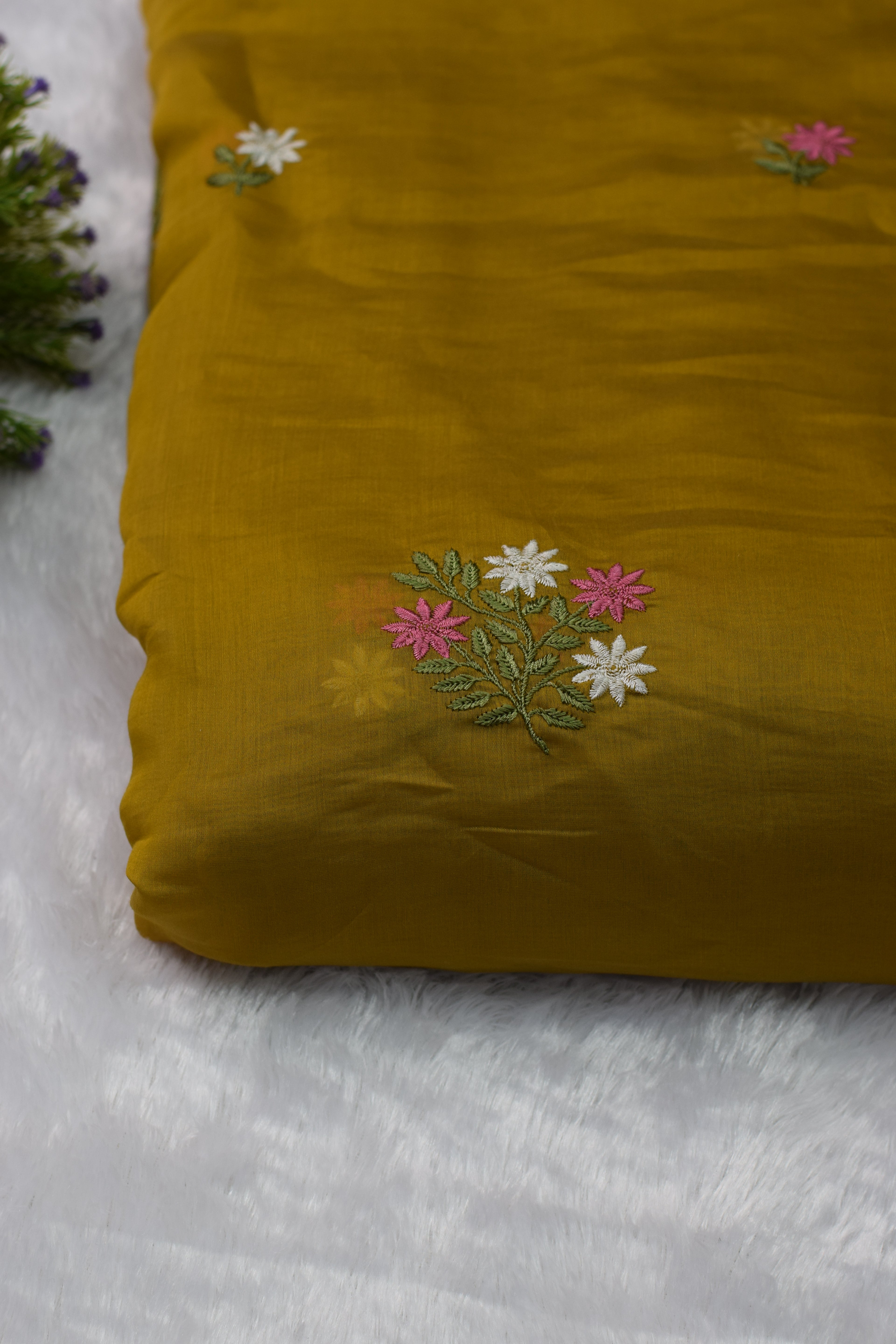 Mustard Yellow Mul Chanderi Fabric with Floral Embroidery – 44 Inches Width - View 3 - Floral - Nushio