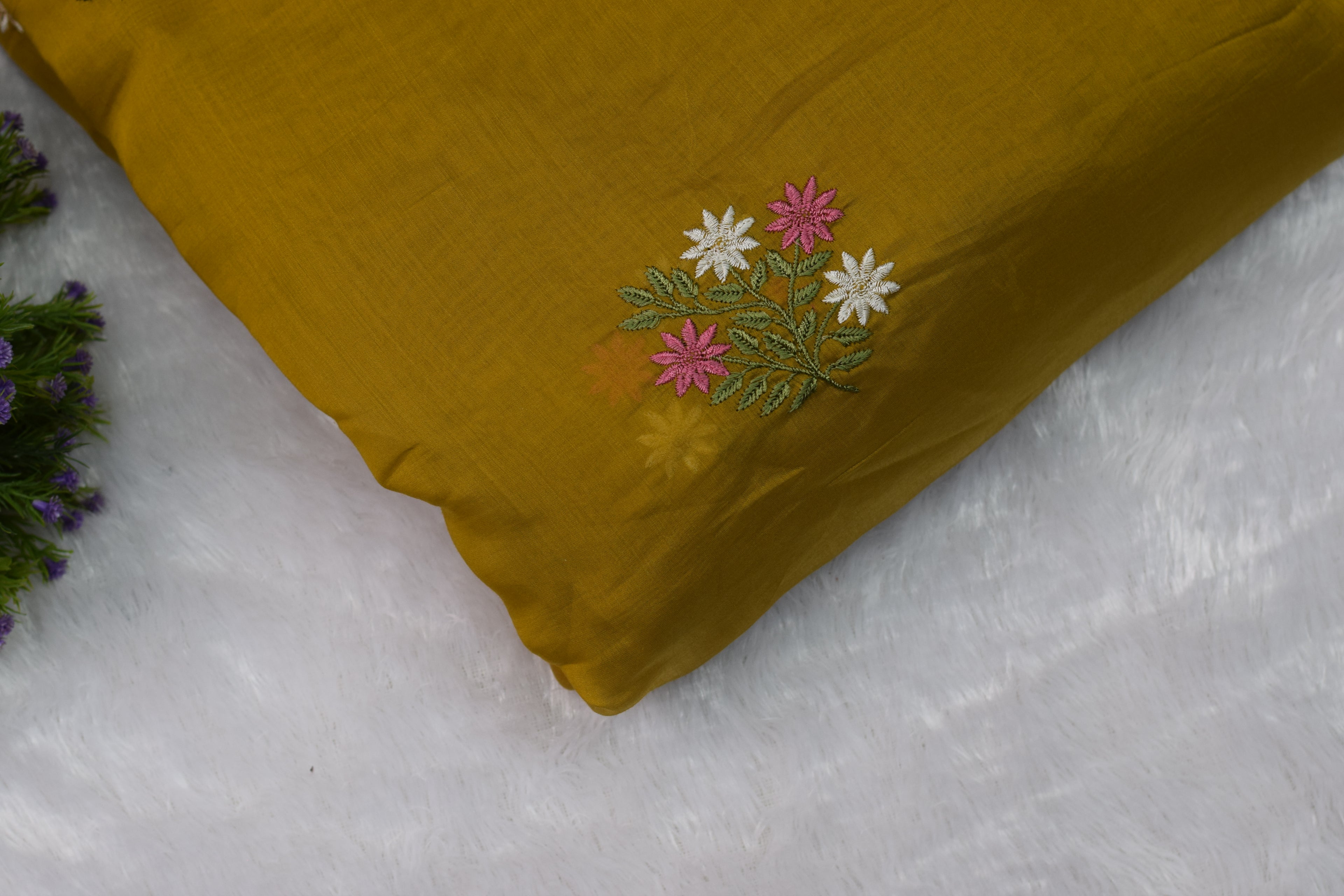 Mustard Yellow Mul Chanderi Fabric with Floral Embroidery – 44 Inches Width