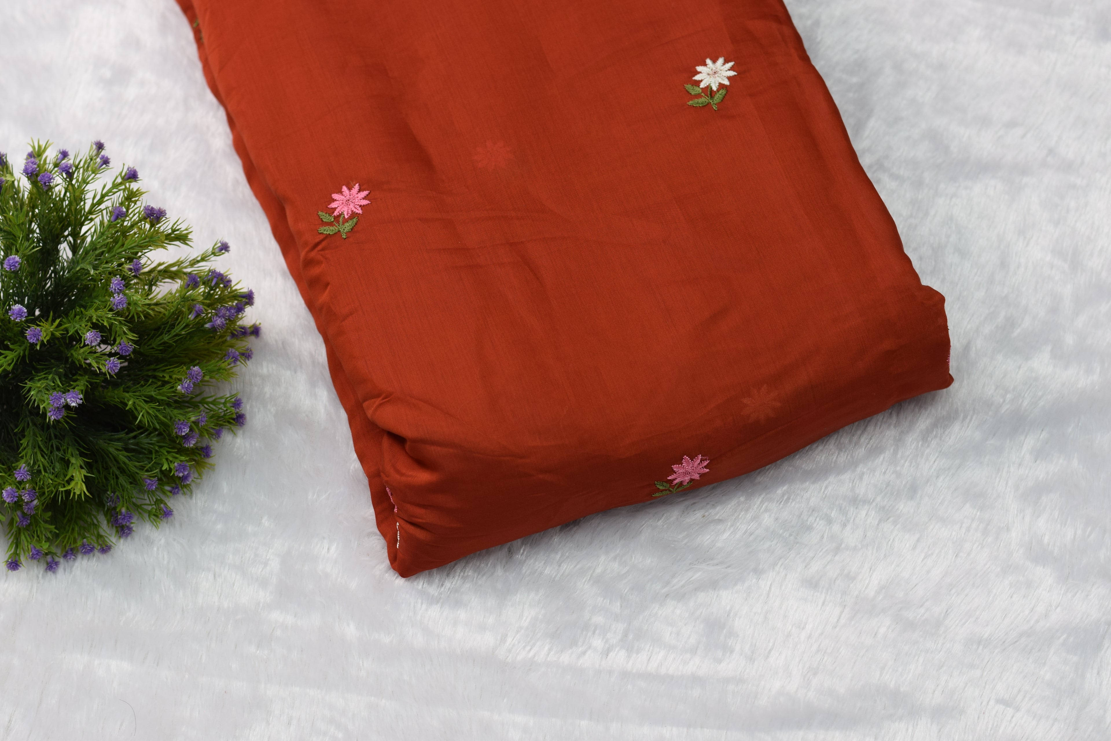 Rust Orange Mul Chanderi Fabric with Floral Embroidery – 44 Inches Width