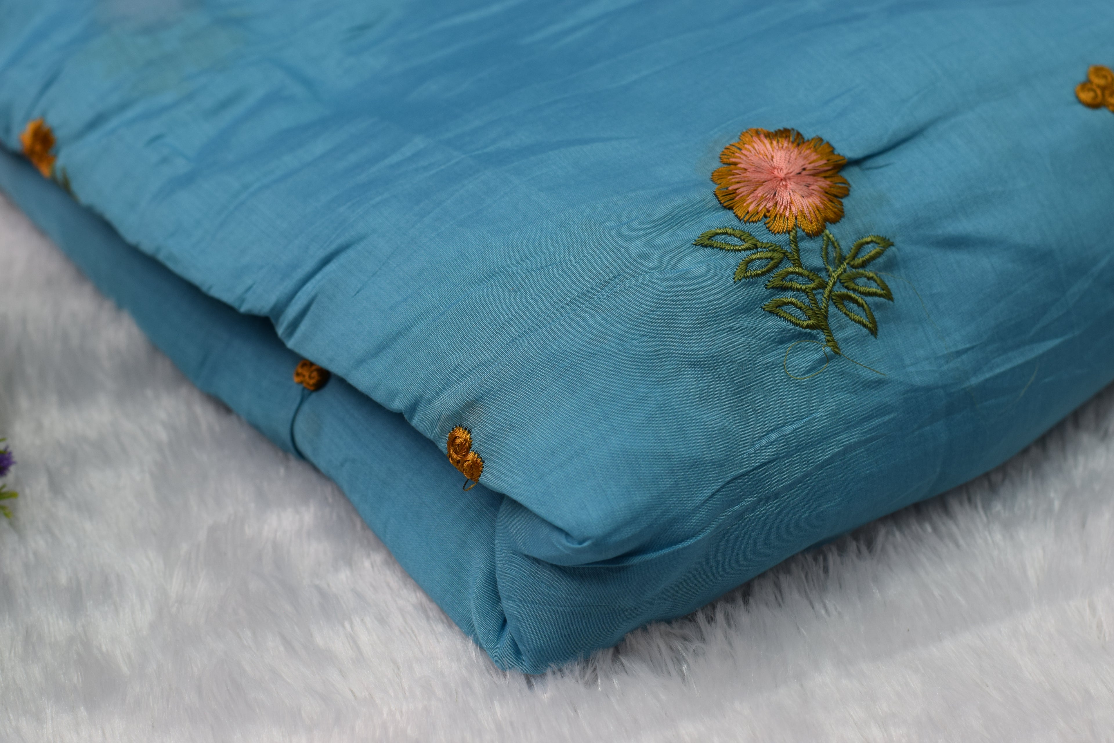Sky Blue Floral Embroidered Mul Chanderi Fabric – 44 Inches Width