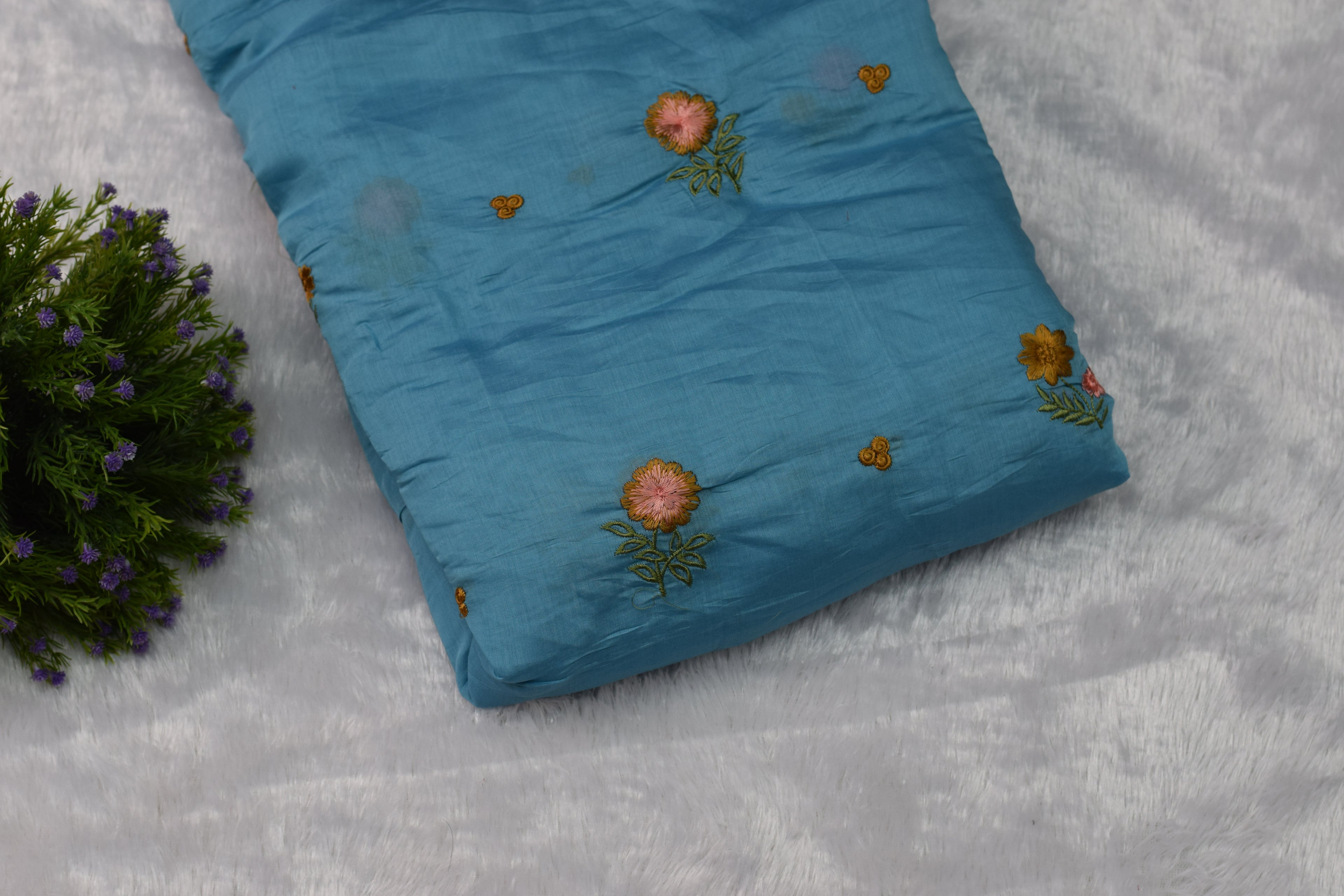 Sky Blue Floral Embroidered Mul Chanderi Fabric – 44 Inches Width