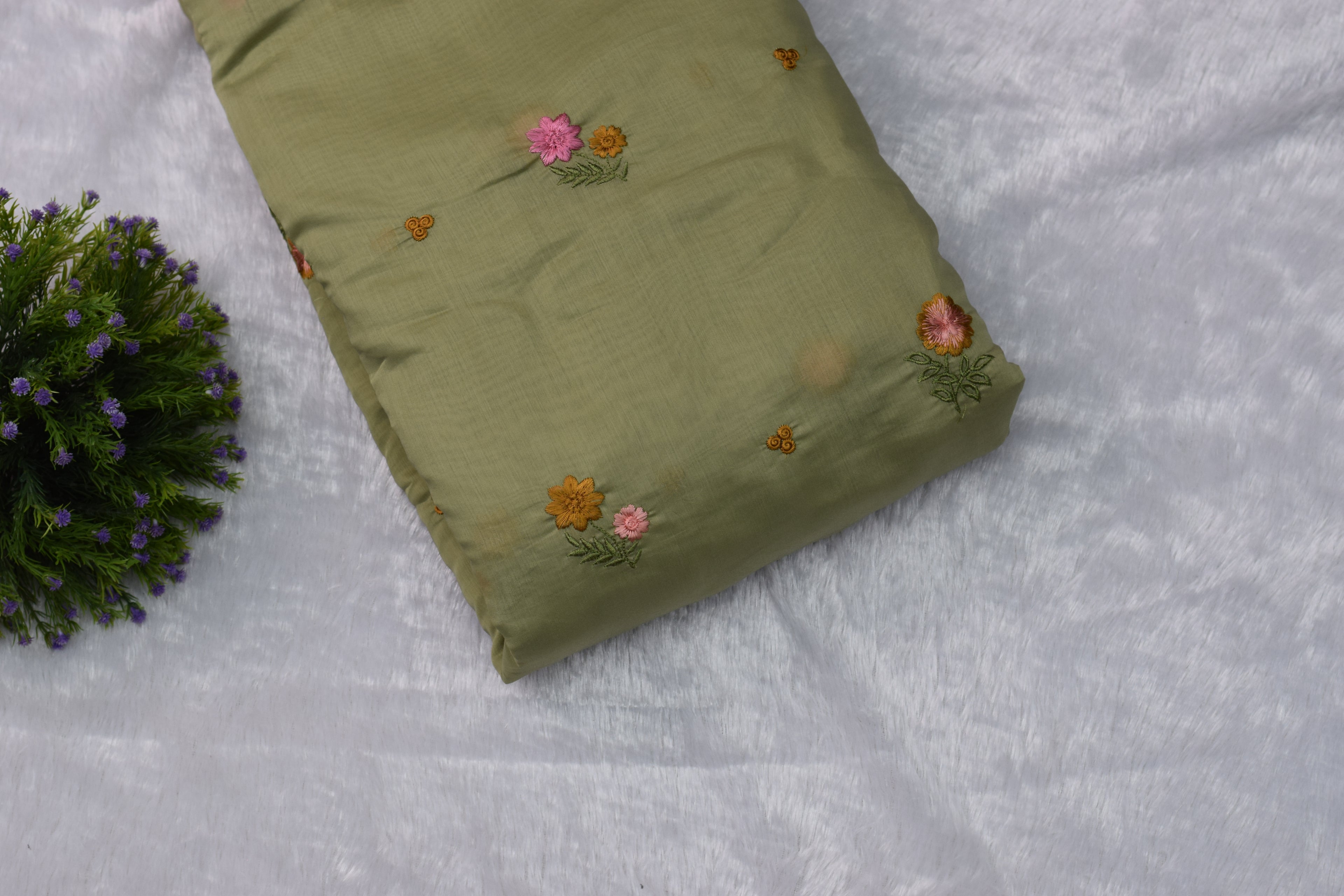 Olive Green Mul Chanderi Fabric with Floral Embroidery – 44 Inches Width - View 2 - Floral - Nushio