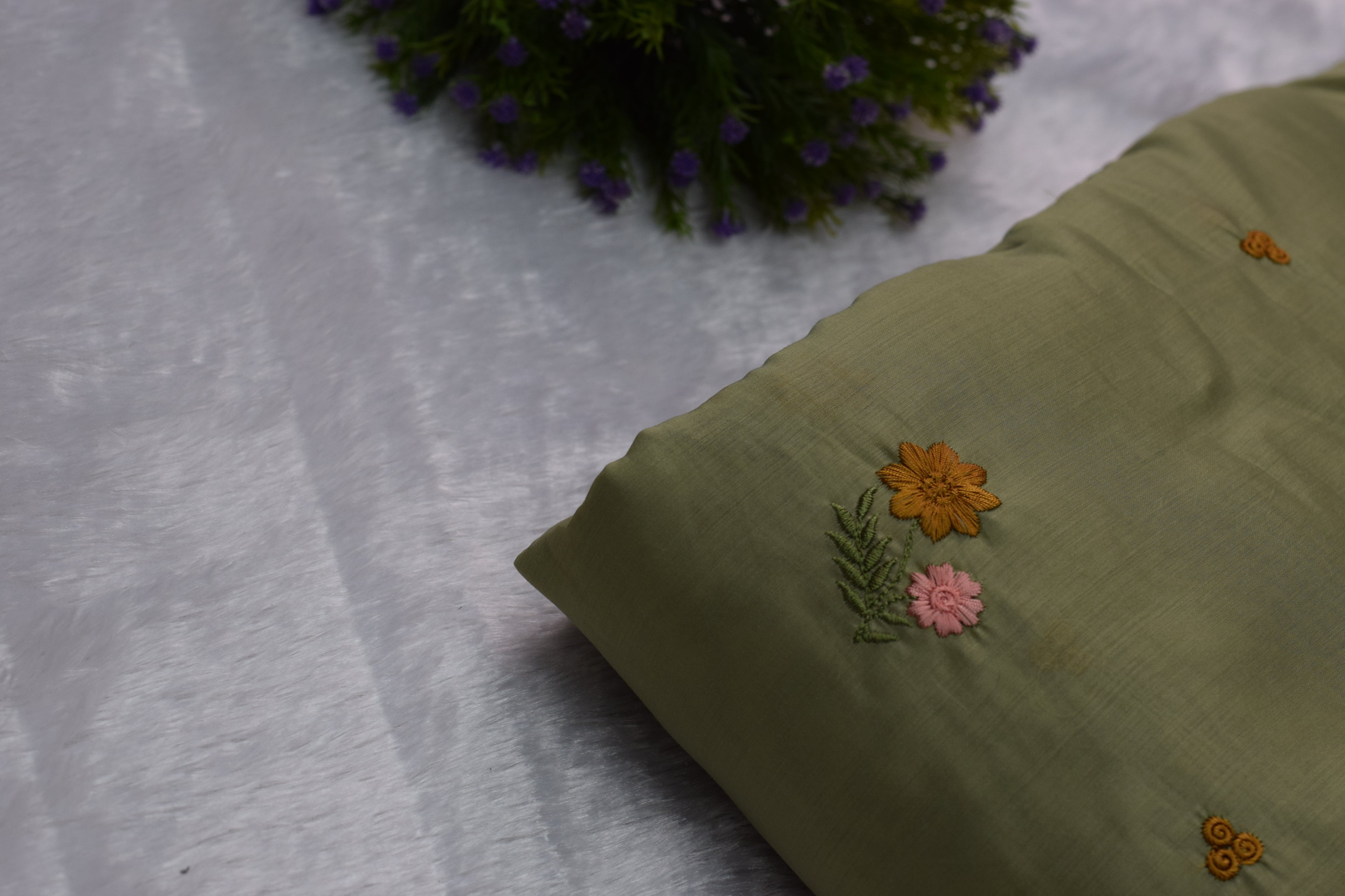 Olive Green Mul Chanderi Fabric with Floral Embroidery – 44 Inches Width - View 3 - Floral - Nushio