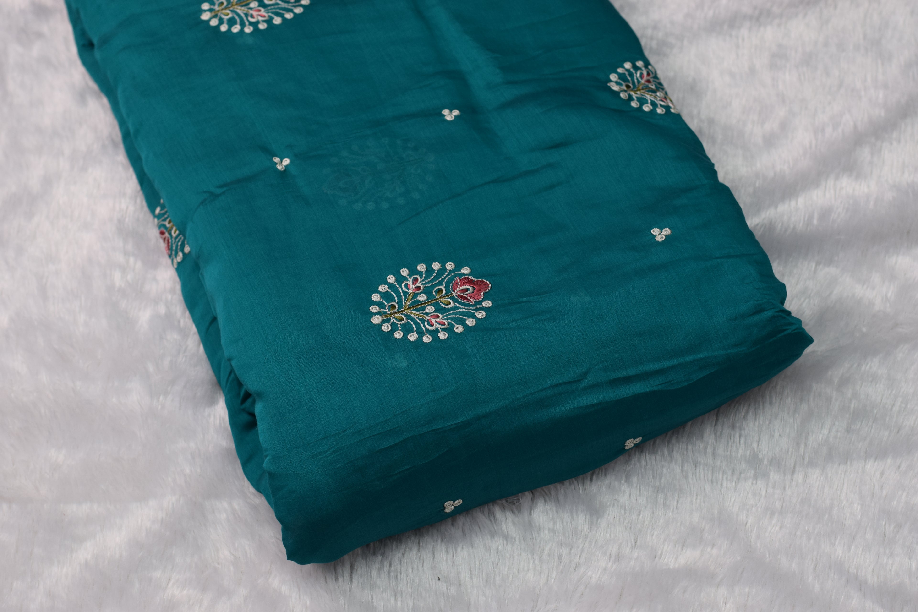 Teal Green Mul Chanderi Fabric with Elegant Floral Embroidery – 44 Inches Width