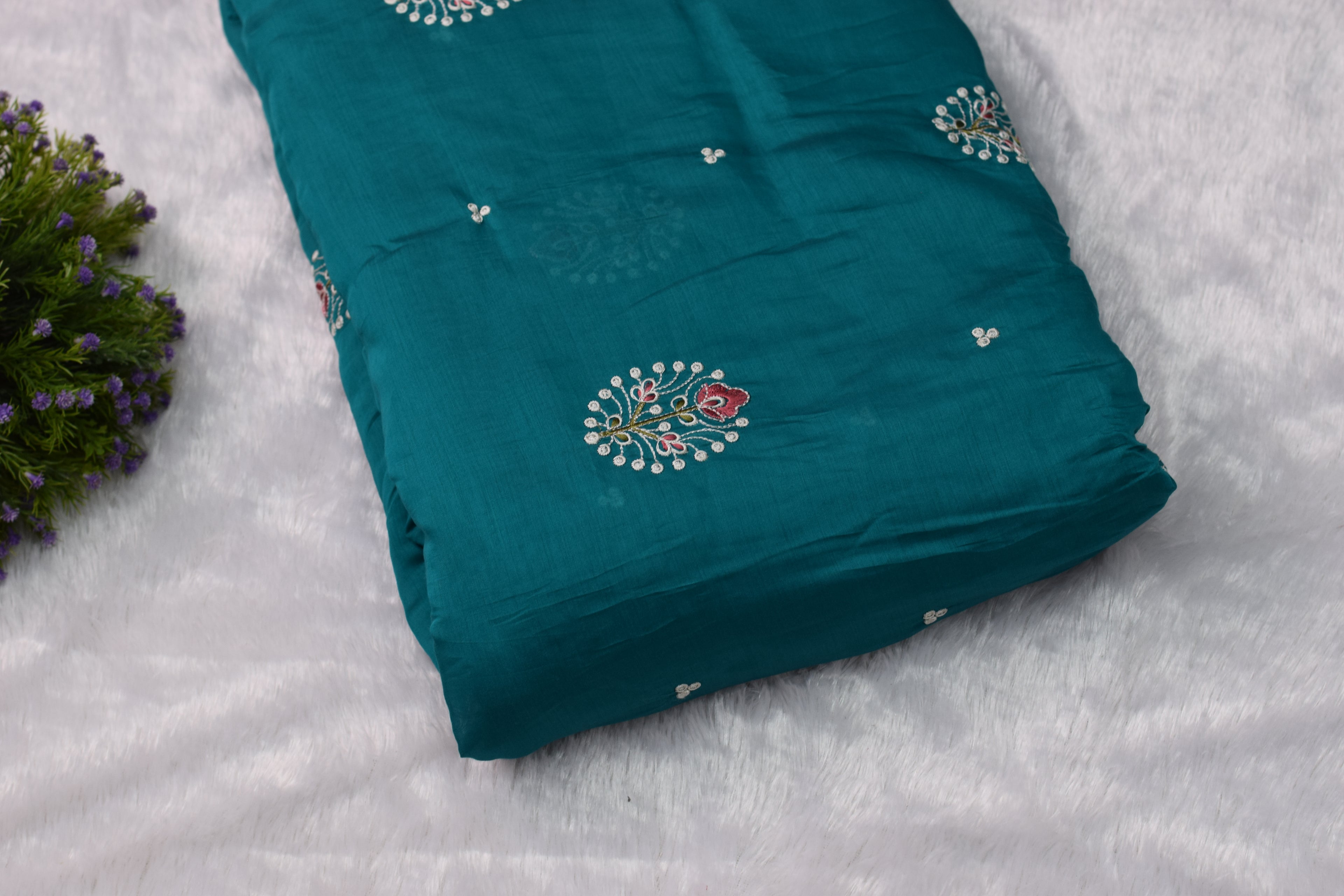 Teal Green Mul Chanderi Fabric with Elegant Floral Embroidery – 44 Inches Width