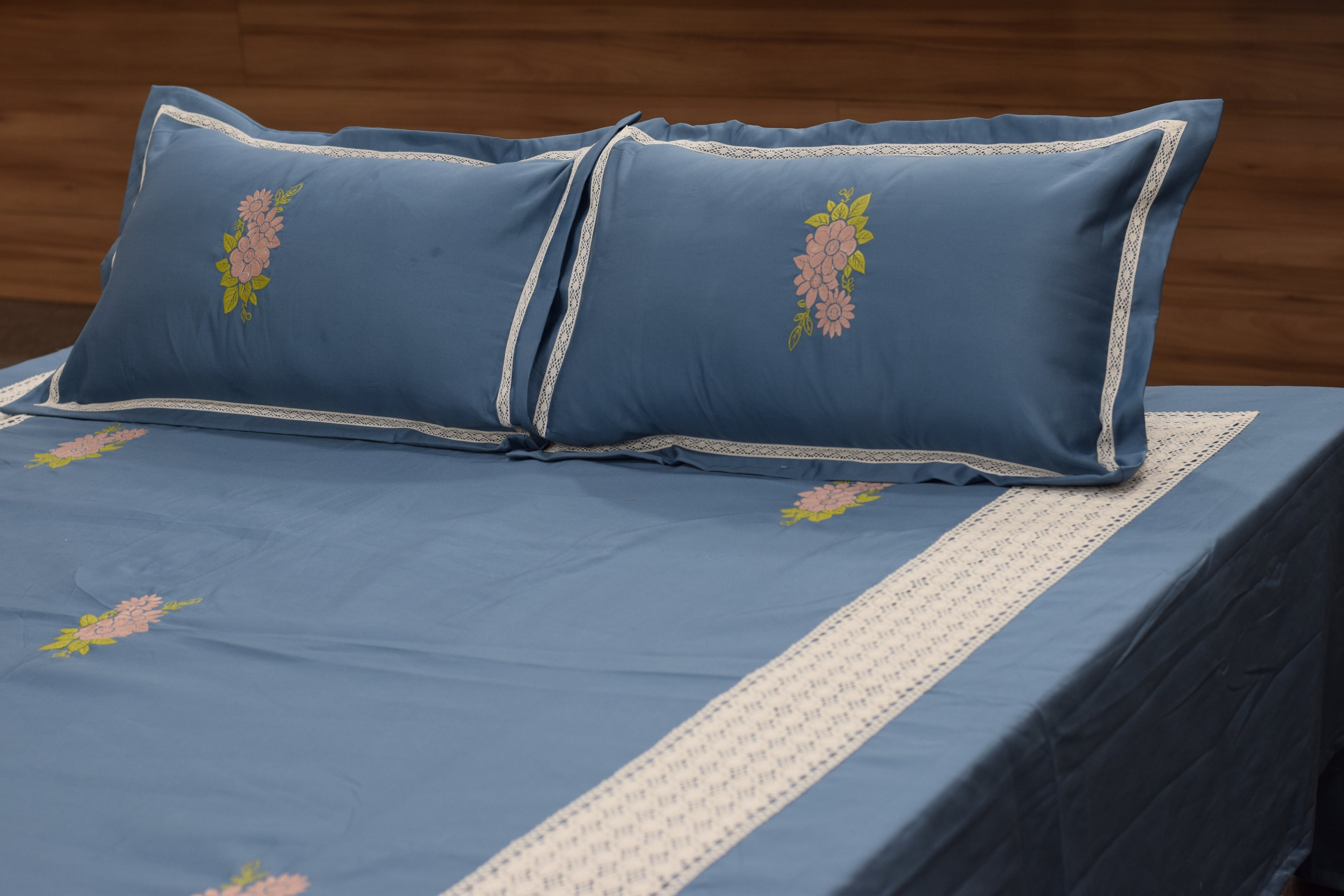 Blue King Size Bedspread Set with Floral Embroidery & Lace Border - View 3 - Floral - Nushio