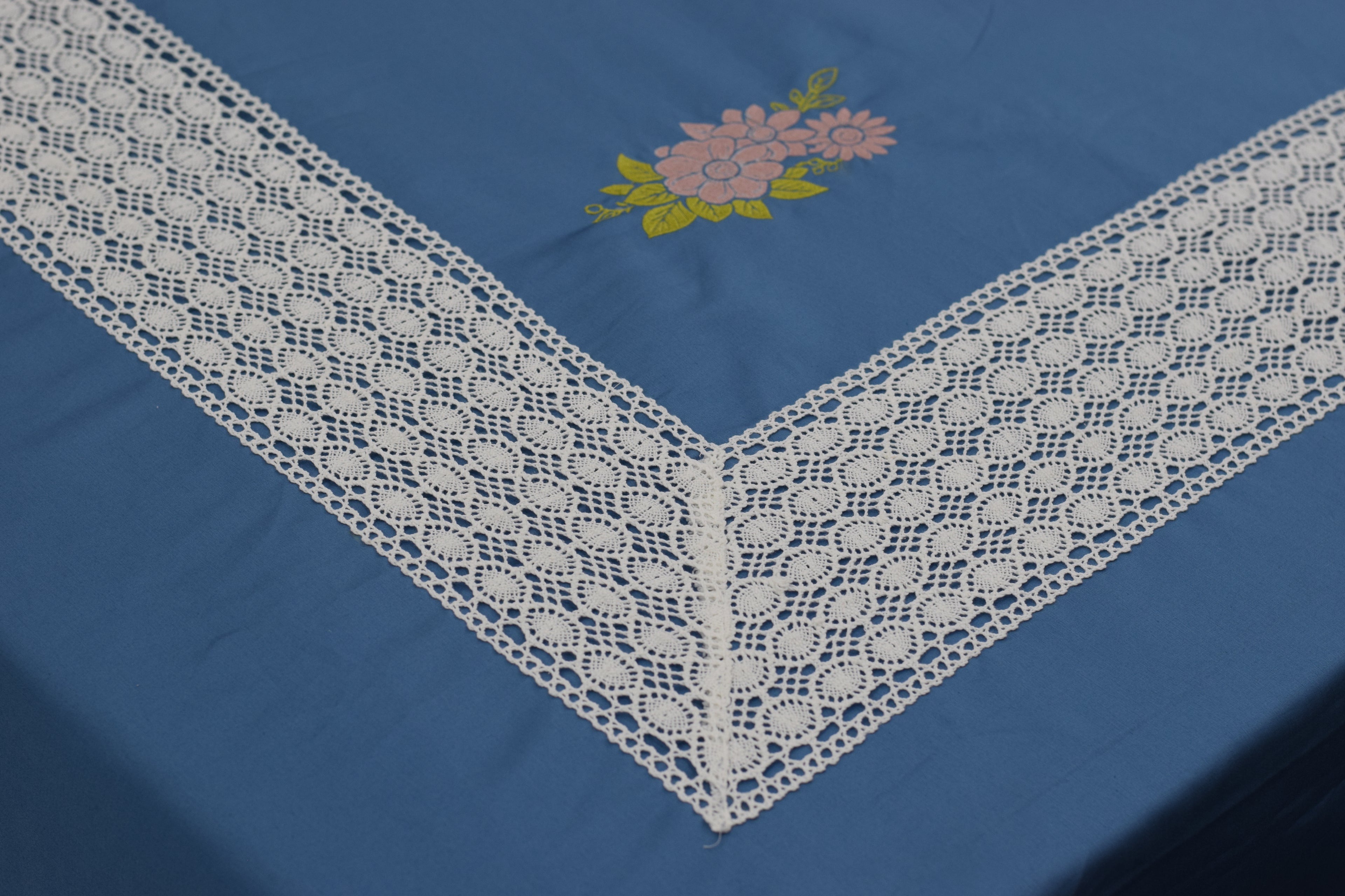 Blue King Size Bedspread Set with Floral Embroidery & Lace Border - View 2 - Floral - Nushio