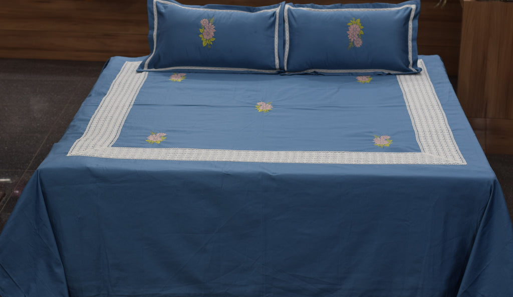 Blue King Size Bedspread Set with Floral Embroidery & Lace Border | Nushio