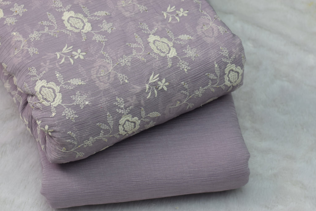 Lavender Crushed Georgette Fabric with Floral Embroidery - Dress