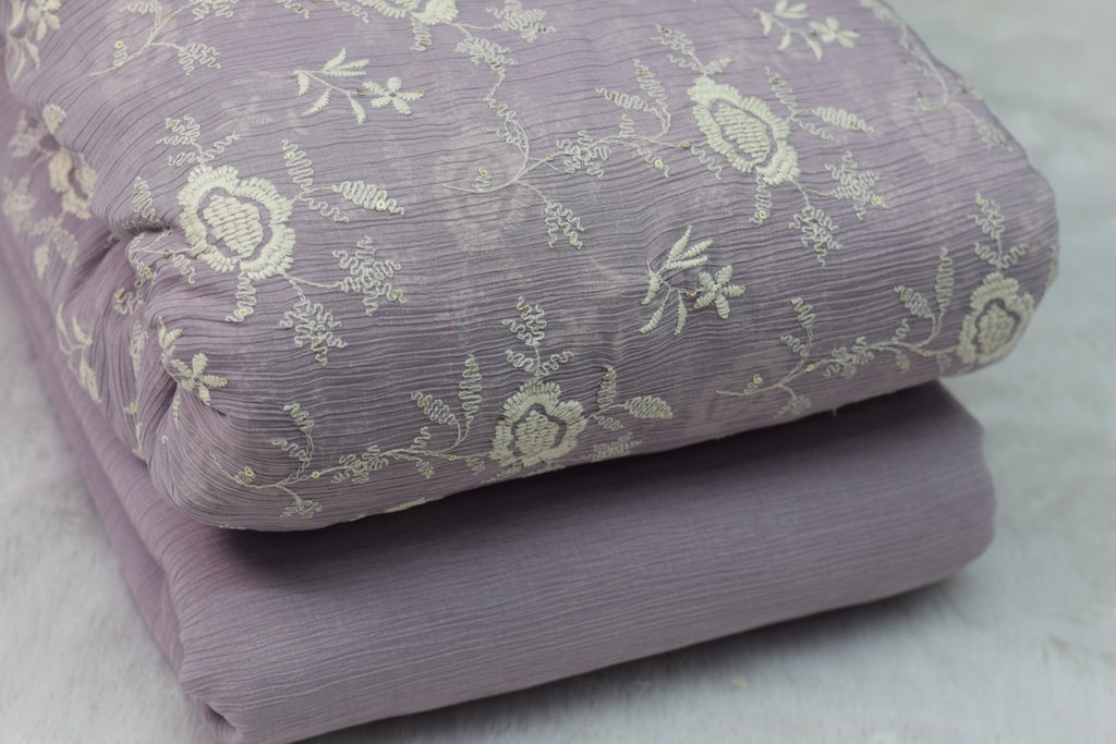Lavender Crushed Georgette Fabric with Floral Embroidery - Dress - Main Product Image - Floral - Nushio