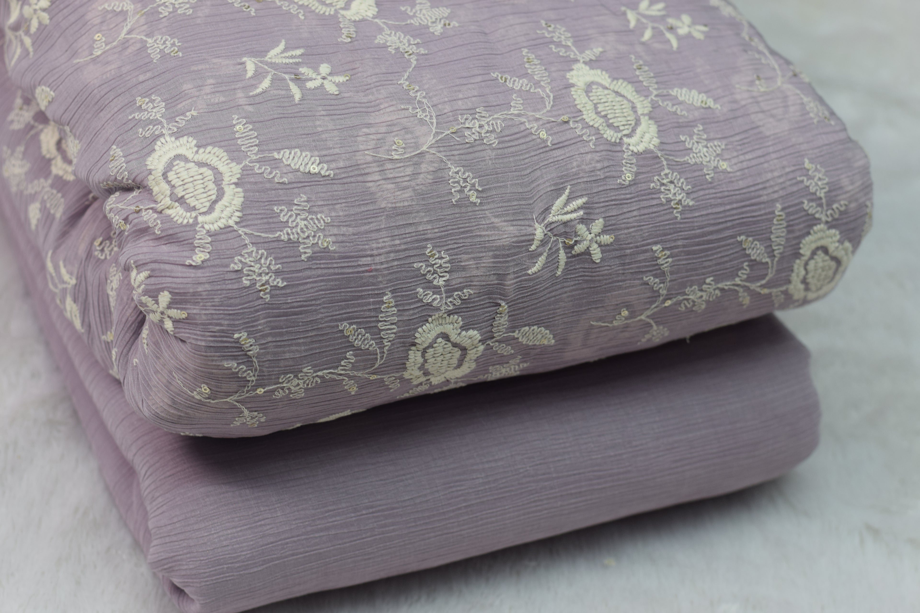 Lavender Crushed Georgette Fabric with Floral Embroidery - Dress - Main Product Image - Floral - Nushio