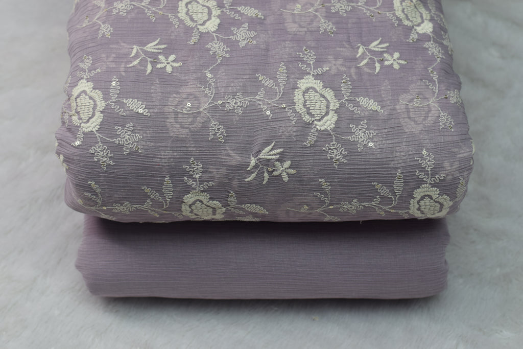 Lavender Crushed Georgette Fabric with Floral Embroidery - Dress