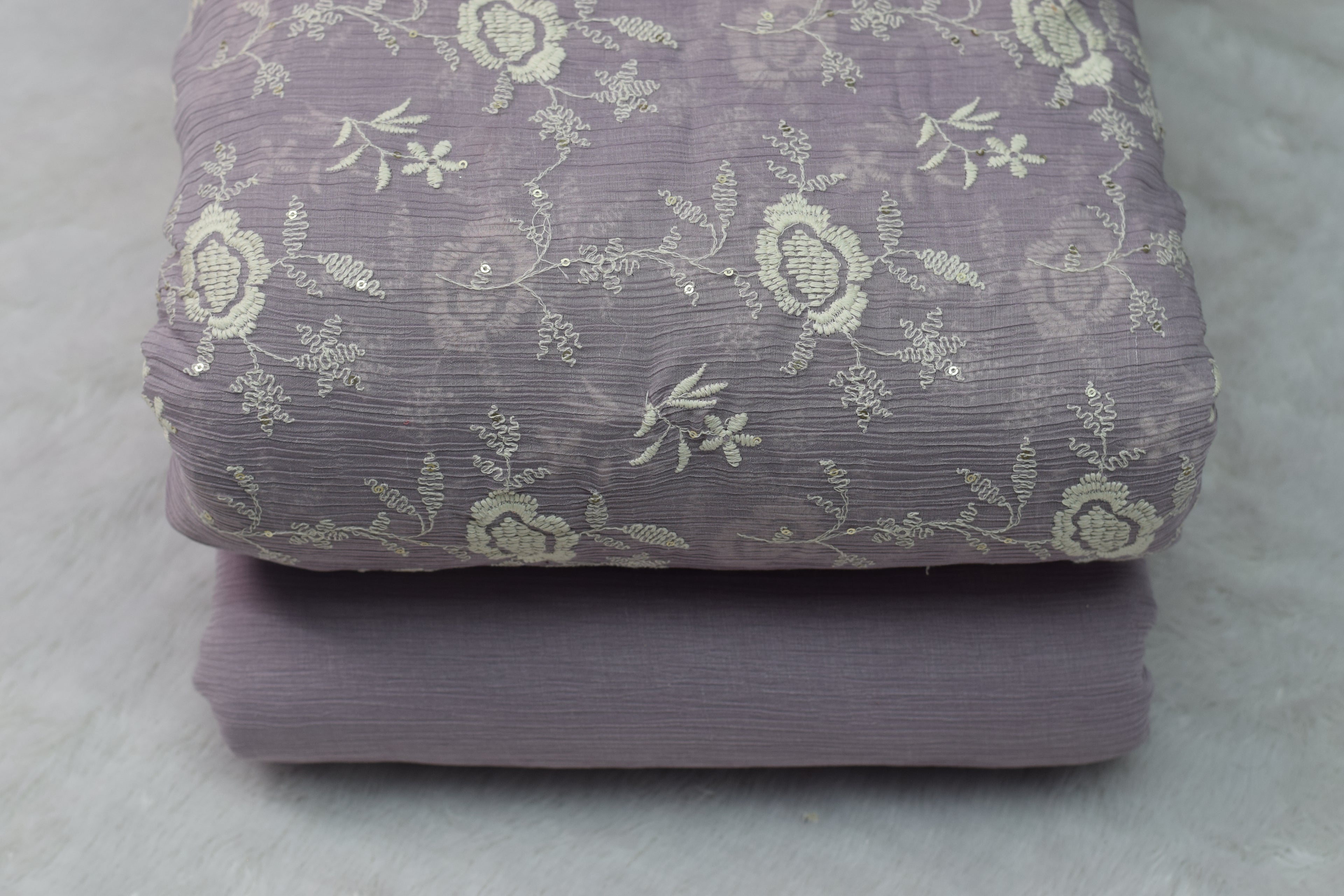 Lavender Crushed Georgette Fabric with Floral Embroidery - Dress