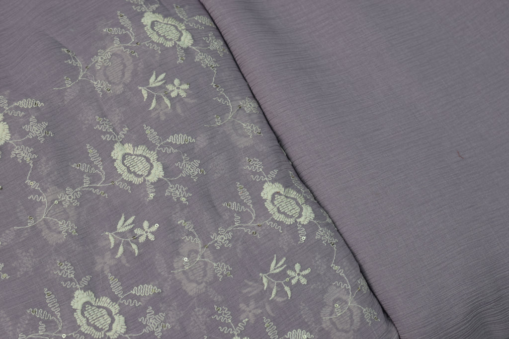 Lavender Crushed Georgette Fabric with Floral Embroidery - Dress - View 3 - Floral - Nushio