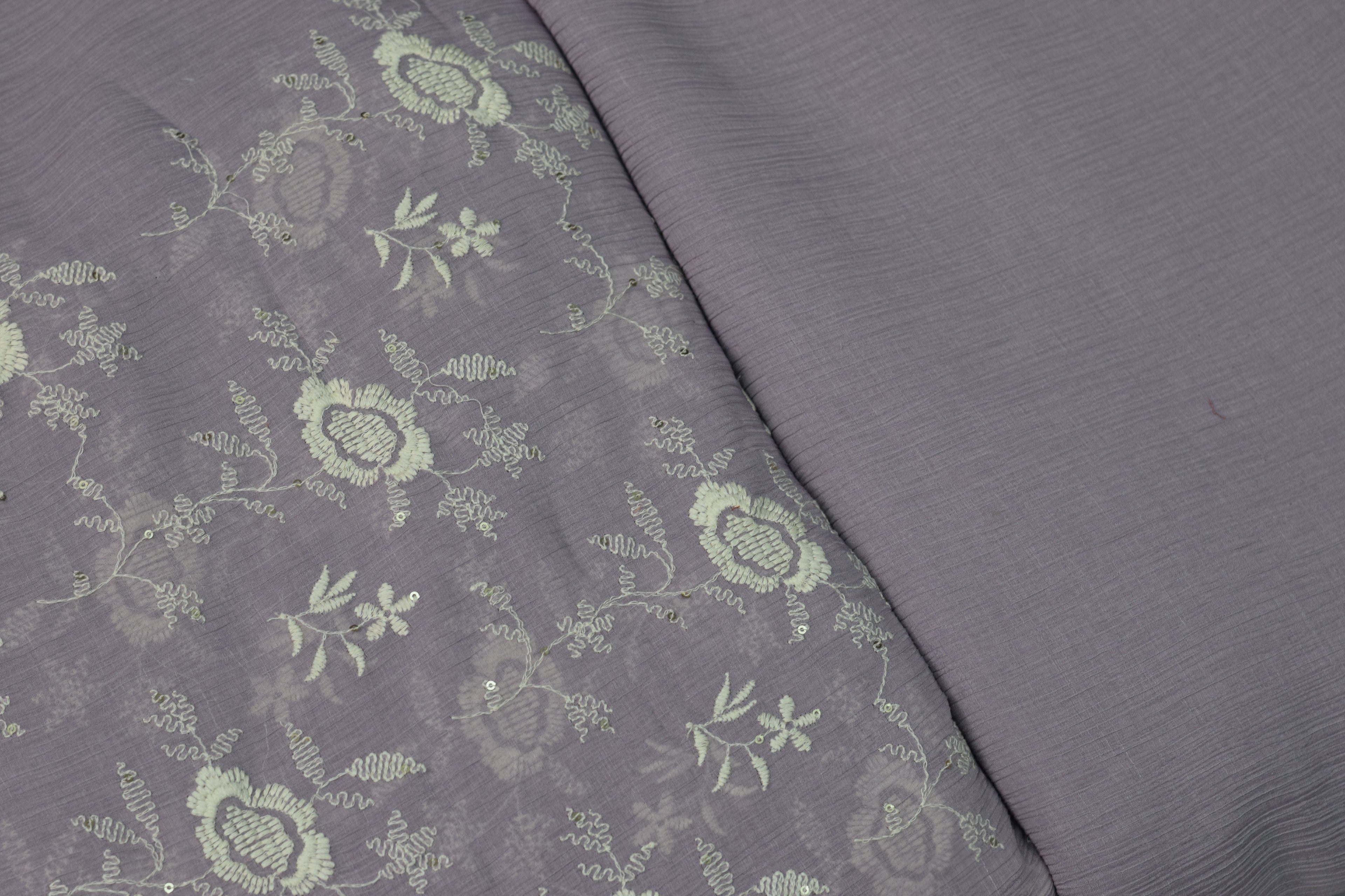 Lavender Crushed Georgette Fabric with Floral Embroidery - Dress - View 3 - Floral - Nushio