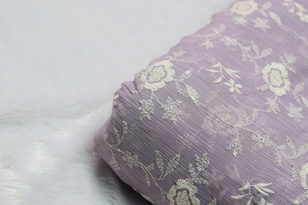 Lavender Crushed Georgette Fabric with Floral Embroidery - Dress - View 2 - Floral - Nushio