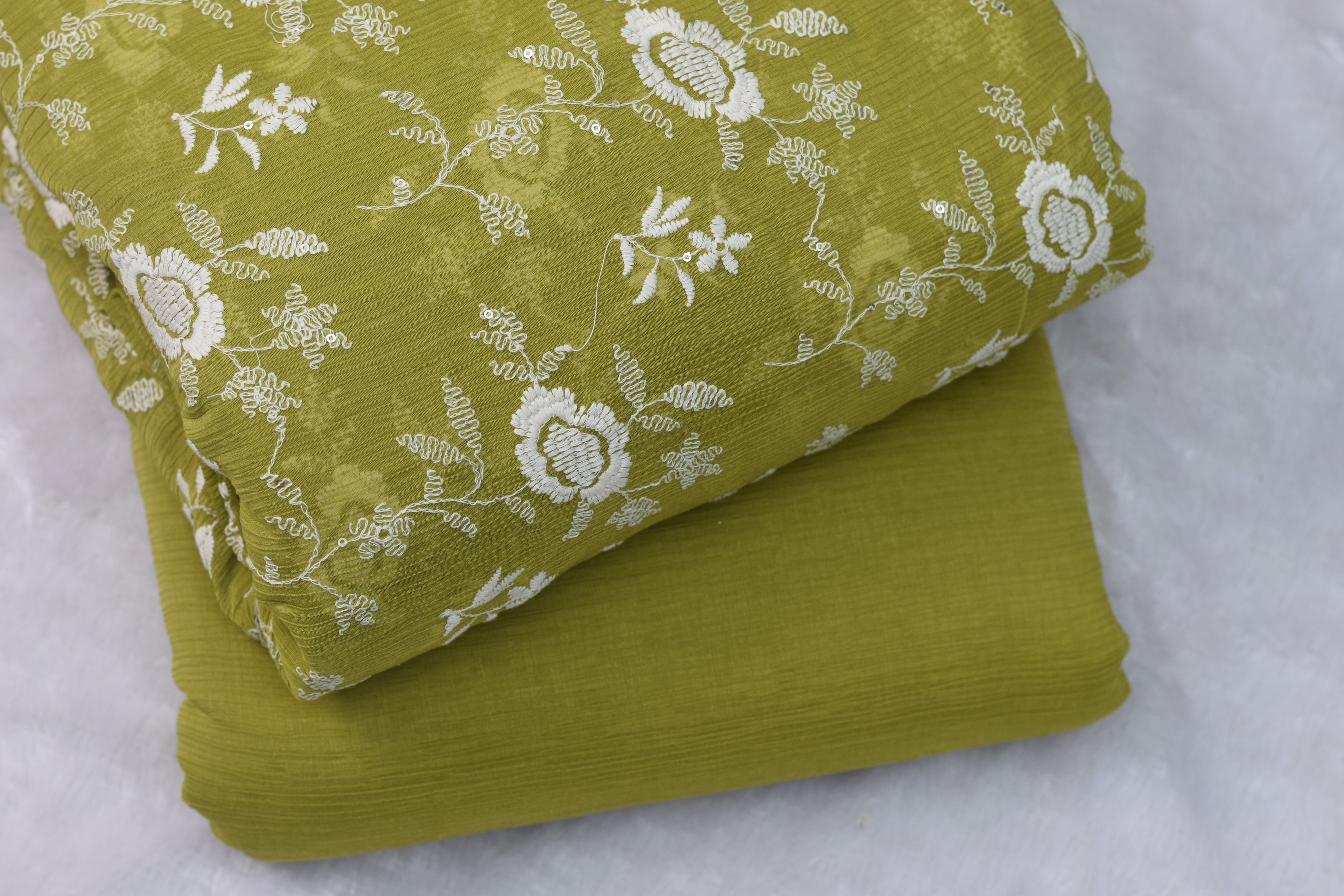 Olive Green Crushed Georgette Fabric with White Floral Embroidery- 44 Inches Width - Main Product Image - Floral - Nushio