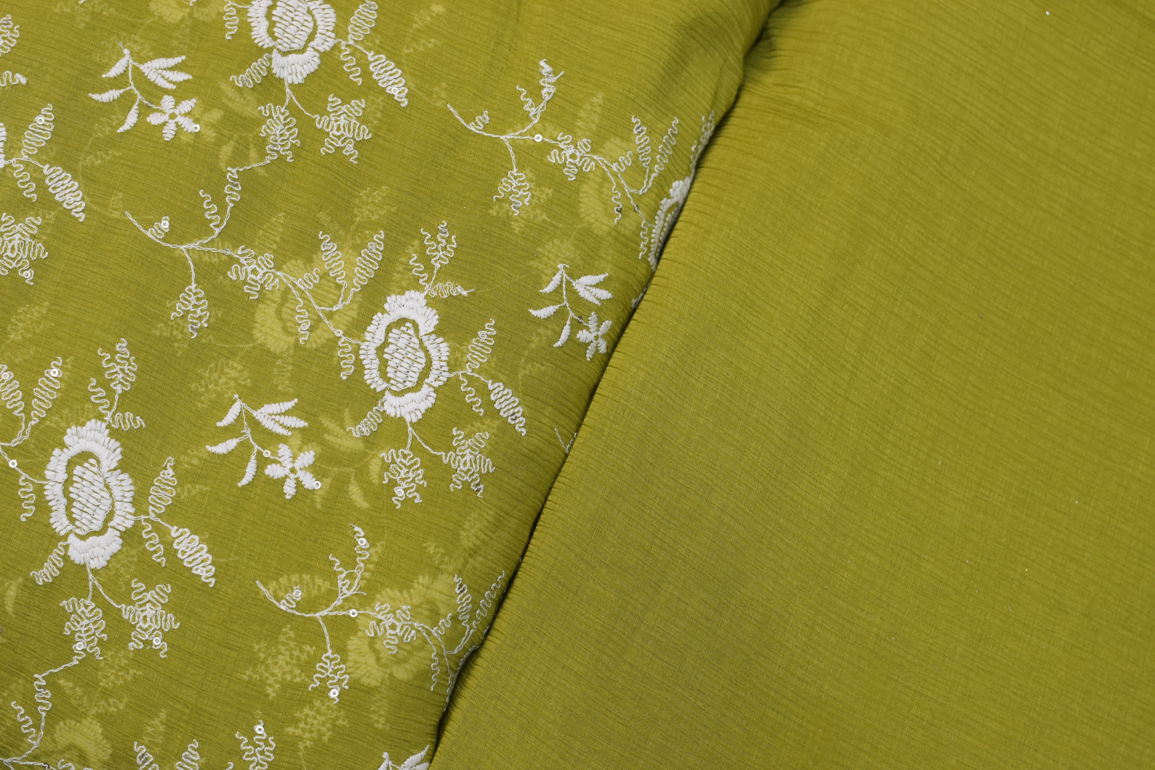 Olive Green Crushed Georgette Fabric with White Floral Embroidery- 44 Inches Width - View 3 - Floral - Nushio
