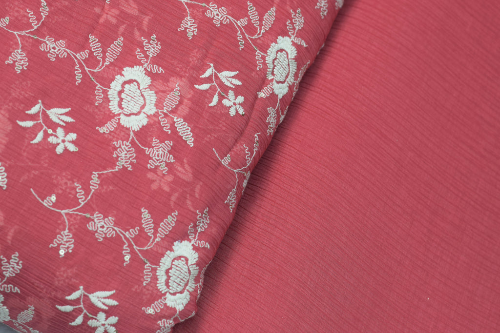 Coral Pink Floral Embroidered Crushed Georgette Fabric | Nushio
