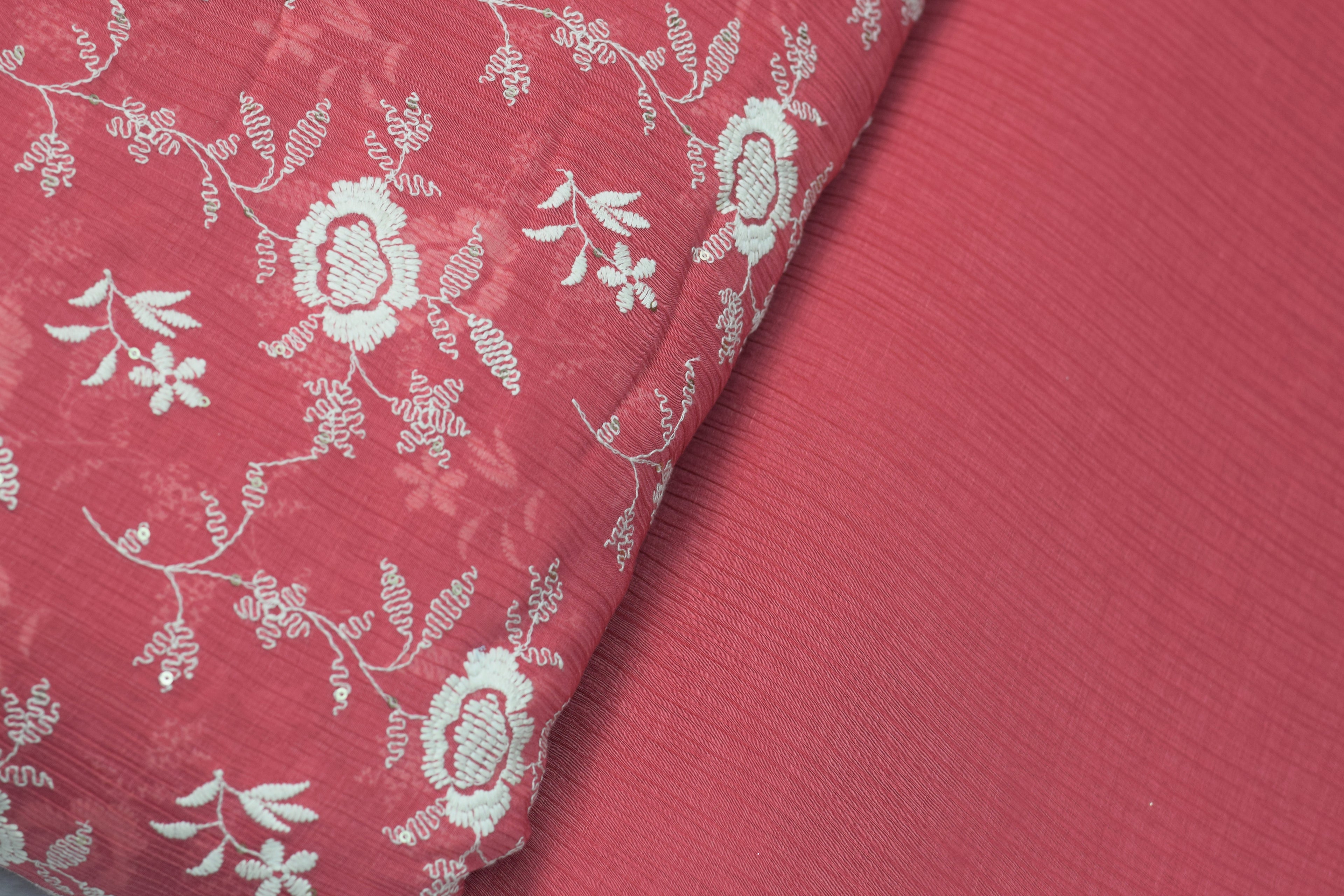 Coral Pink Floral Embroidered Crushed Georgette Fabric | Nushio