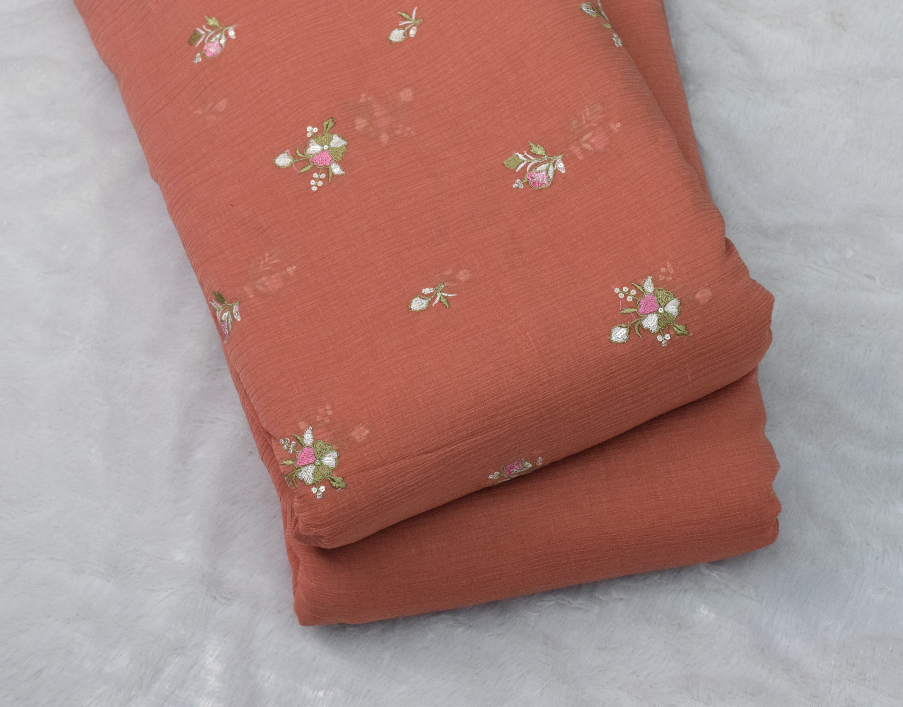 Peach Crushed Georgette Fabric with Floral Embroidery – 44 Inches Width - Main Product Image - Floral - Nushio
