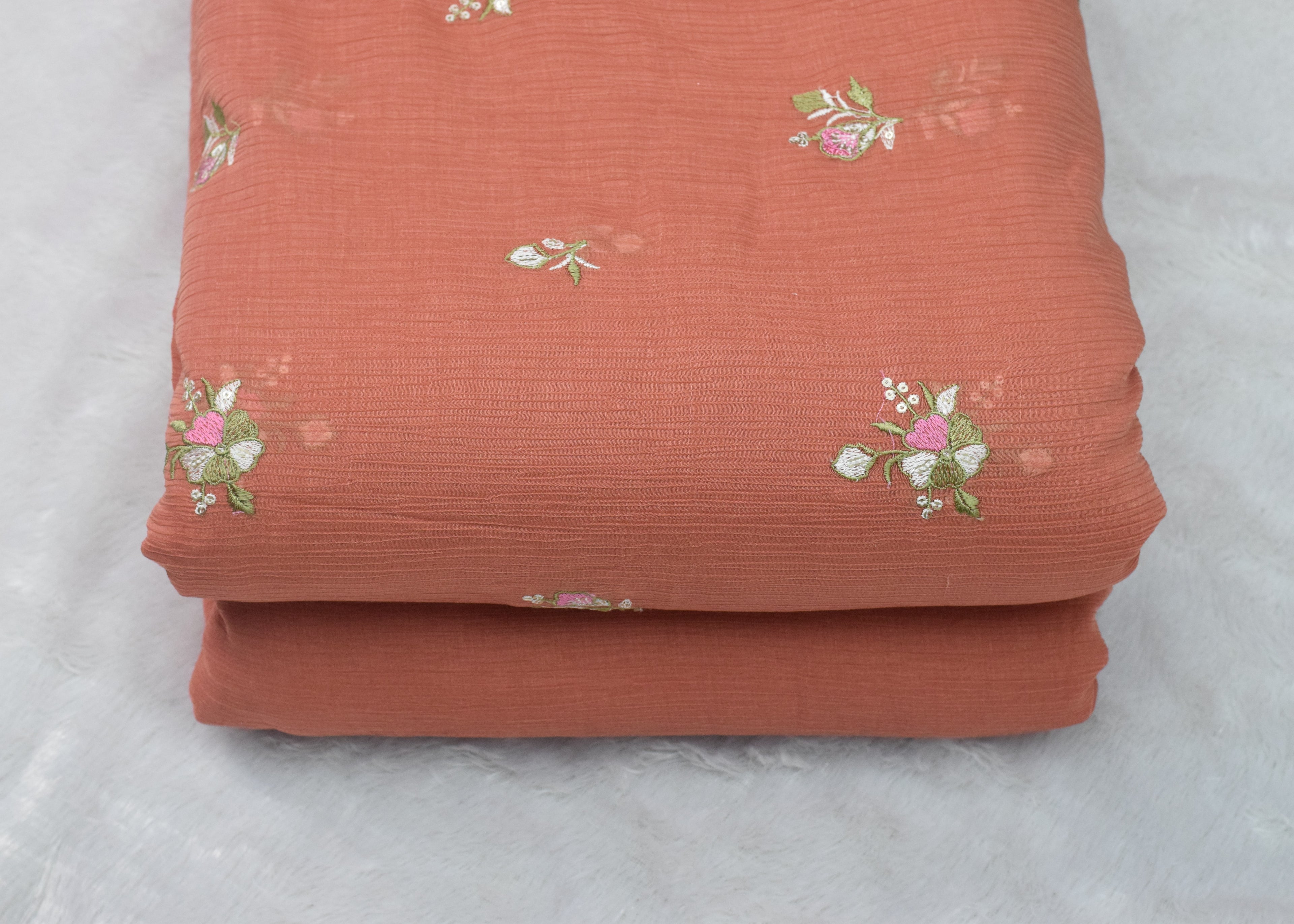Peach Crushed Georgette Fabric with Floral Embroidery – 44 Inches Width - View 2 - Floral - Nushio