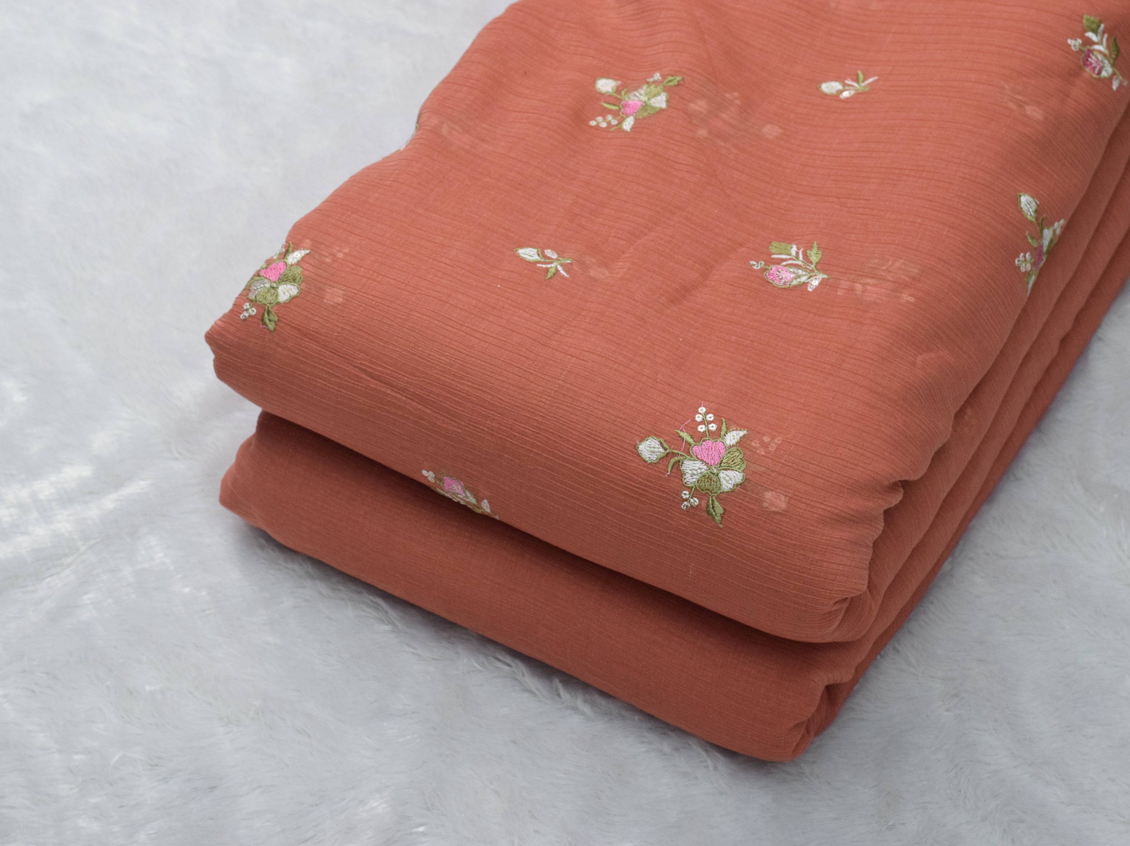 Peach Crushed Georgette Fabric with Floral Embroidery – 44 Inches Width - View 3 - Floral - Nushio