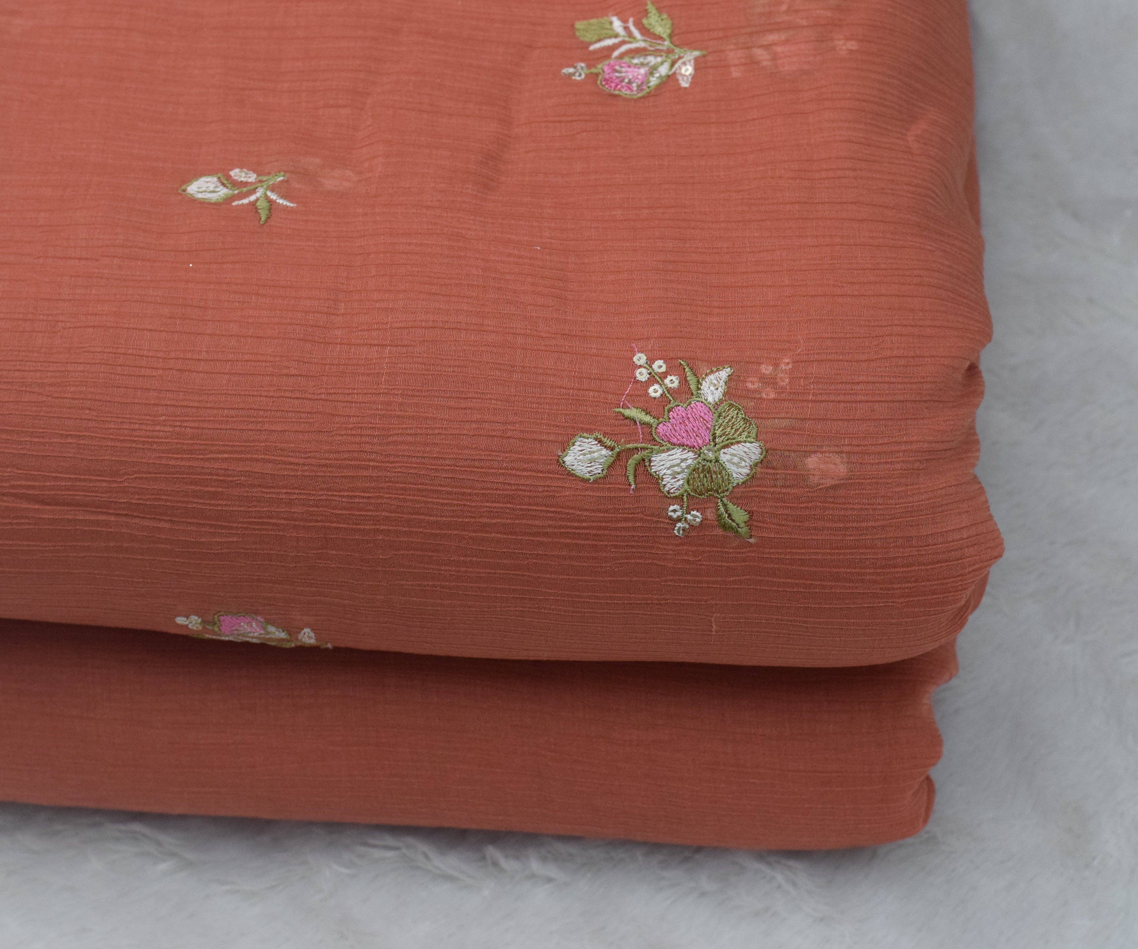 Peach Crushed Georgette Fabric with Floral Embroidery – 44 Inches Width