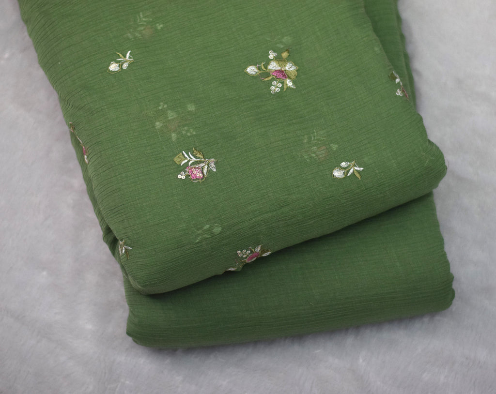 Olive Green Embroidered Crushed Georgette Fabric – 44 Inches Width | Lightweight Designer Dress Material - Main Product Image - Embroidered - Nushio