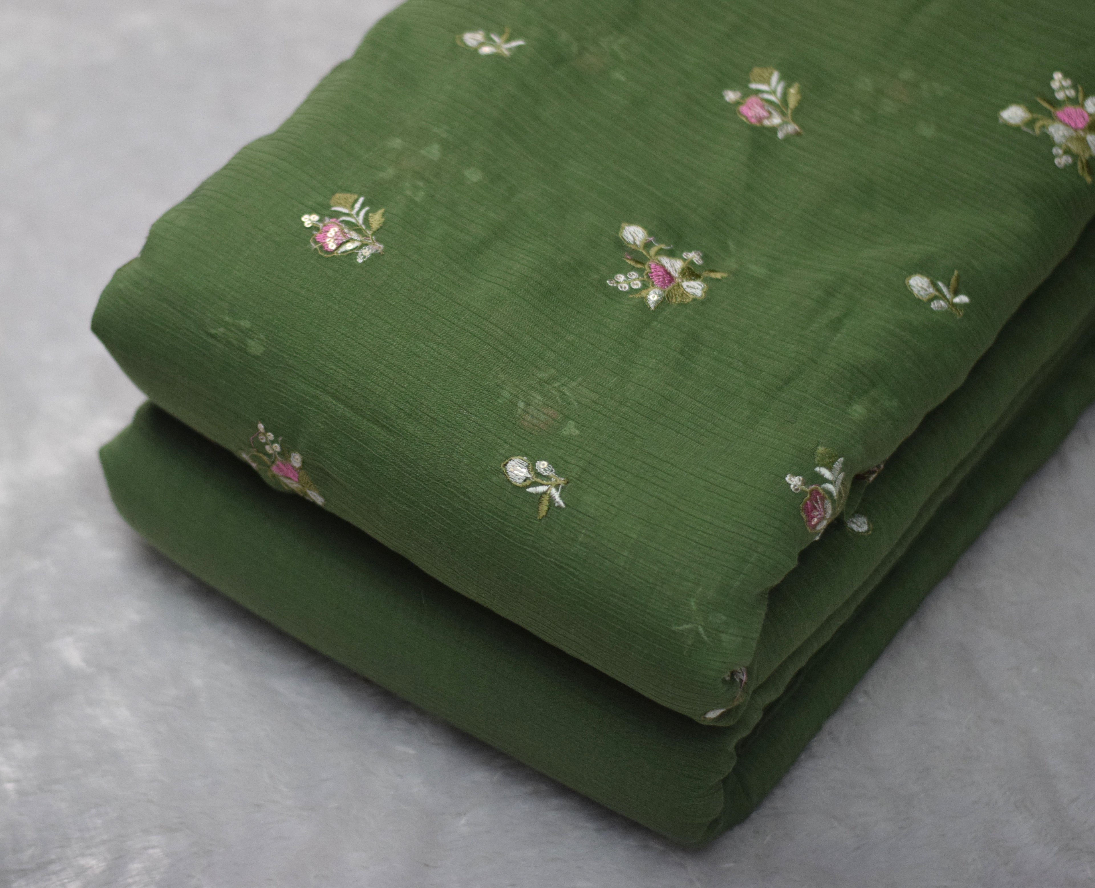 Olive Green Embroidered Crushed Georgette Fabric – 44 Inches Width | Lightweight Designer Dress Material - View 2 - Embroidered - Nushio