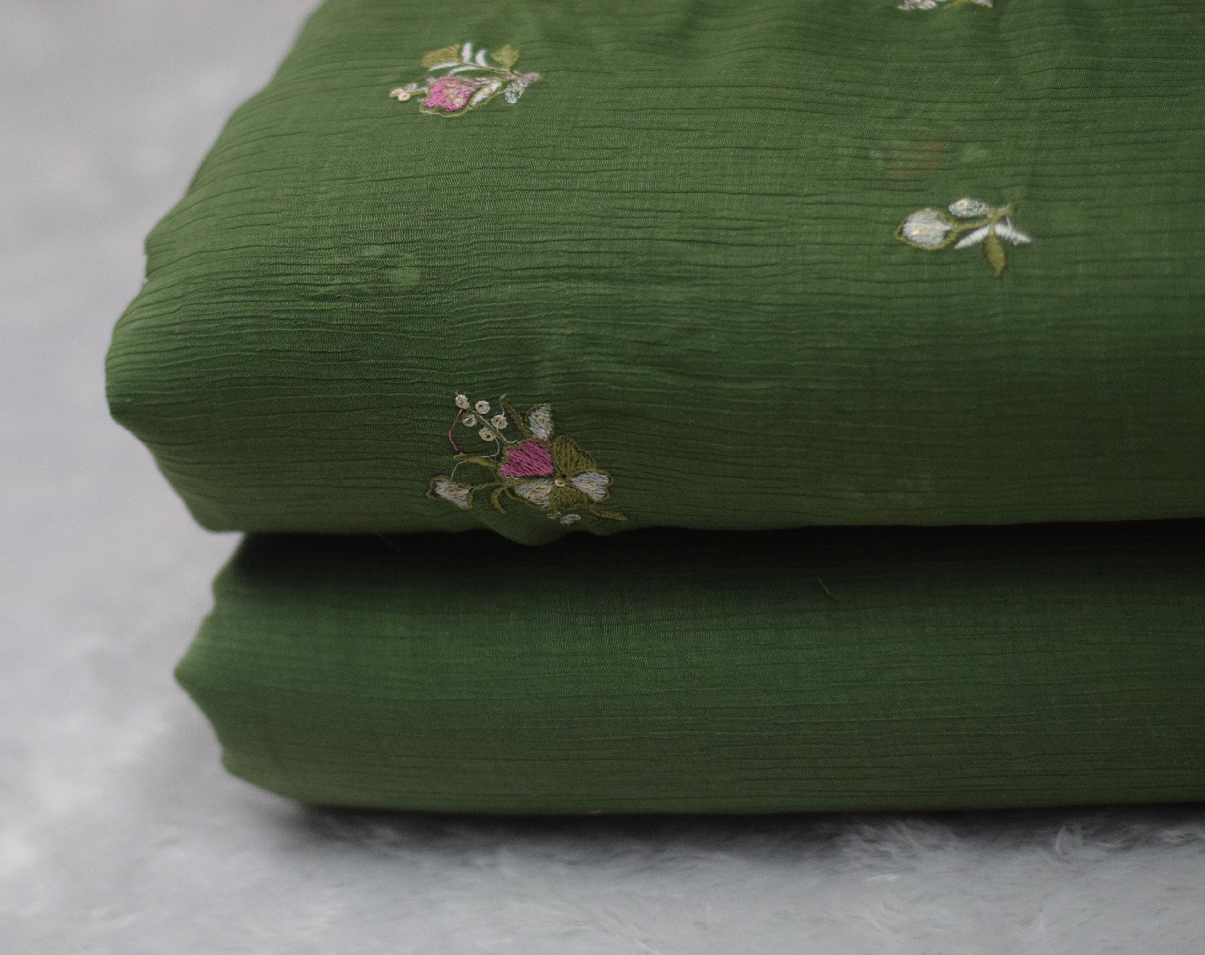 Olive Green Embroidered Crushed Georgette Fabric – 44 Inches Width | Lightweight Designer Dress Material - View 3 - Embroidered - Nushio