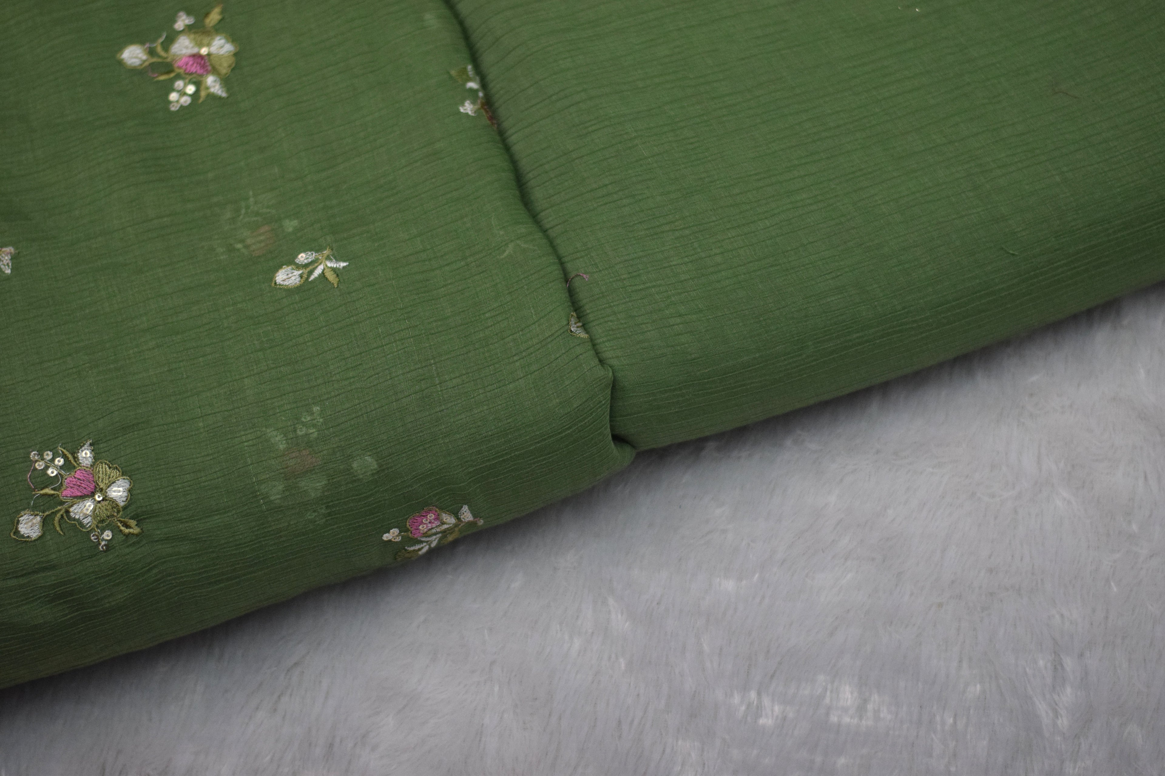 Olive Green Embroidered Crushed Georgette Fabric – 44 Inches Width | Lightweight Designer Dress Material