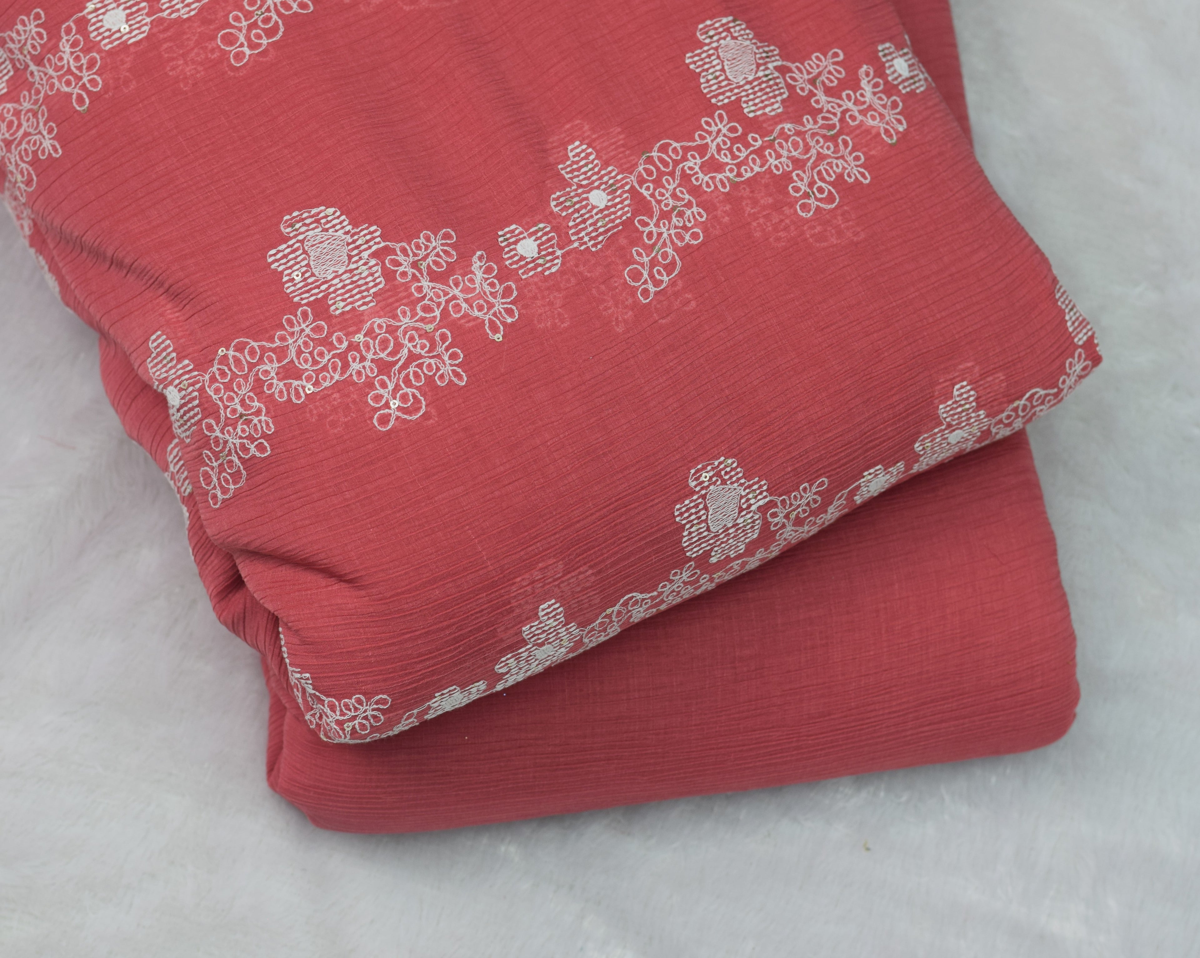 Coral Pink Embroidered Crushed Georgette Fabric - 44 Inches Width - View 2 - Embroidered - Nushio