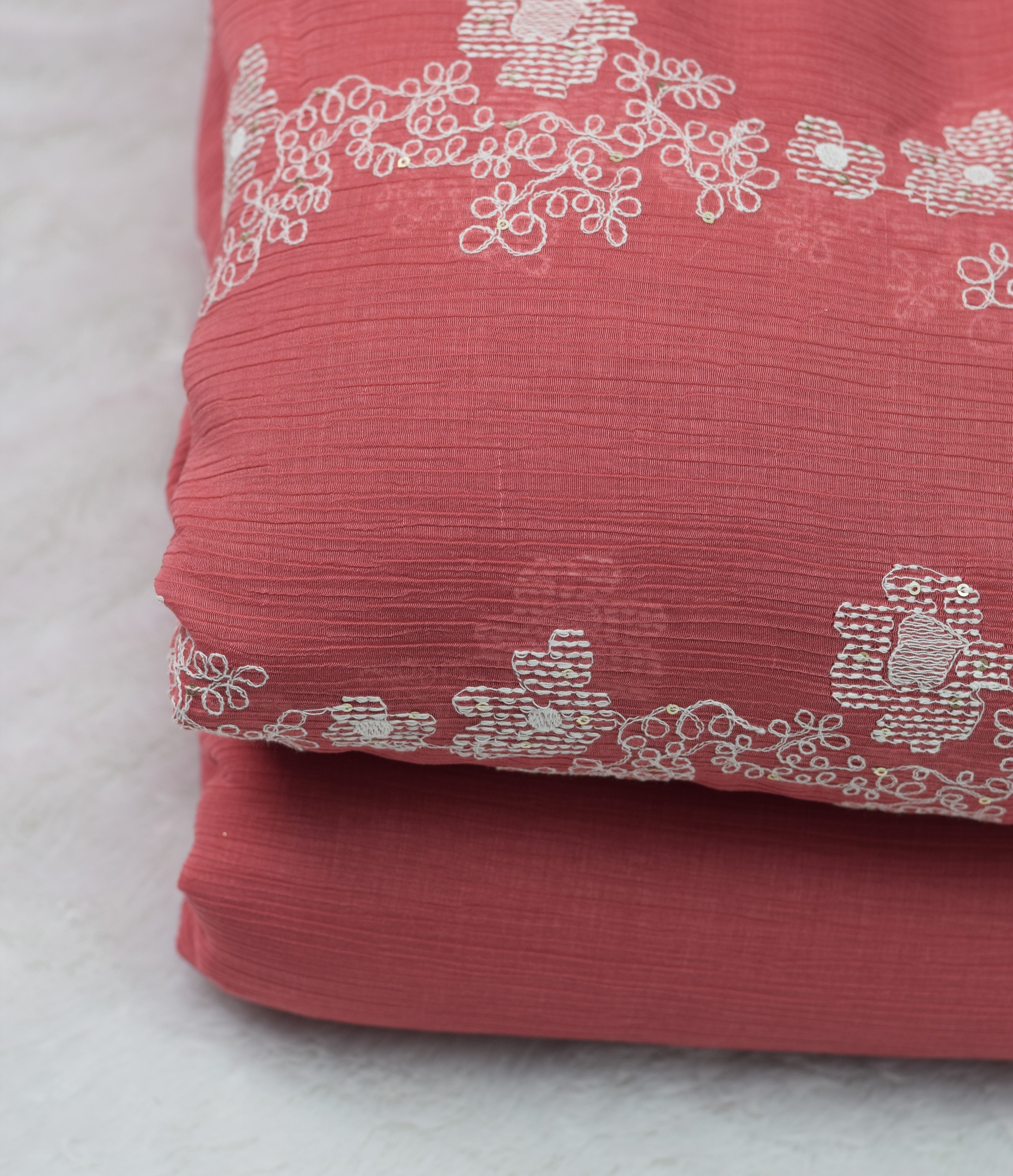 Coral Pink Embroidered Crushed Georgette Fabric - 44 Inches Width - View 3 - Embroidered - Nushio
