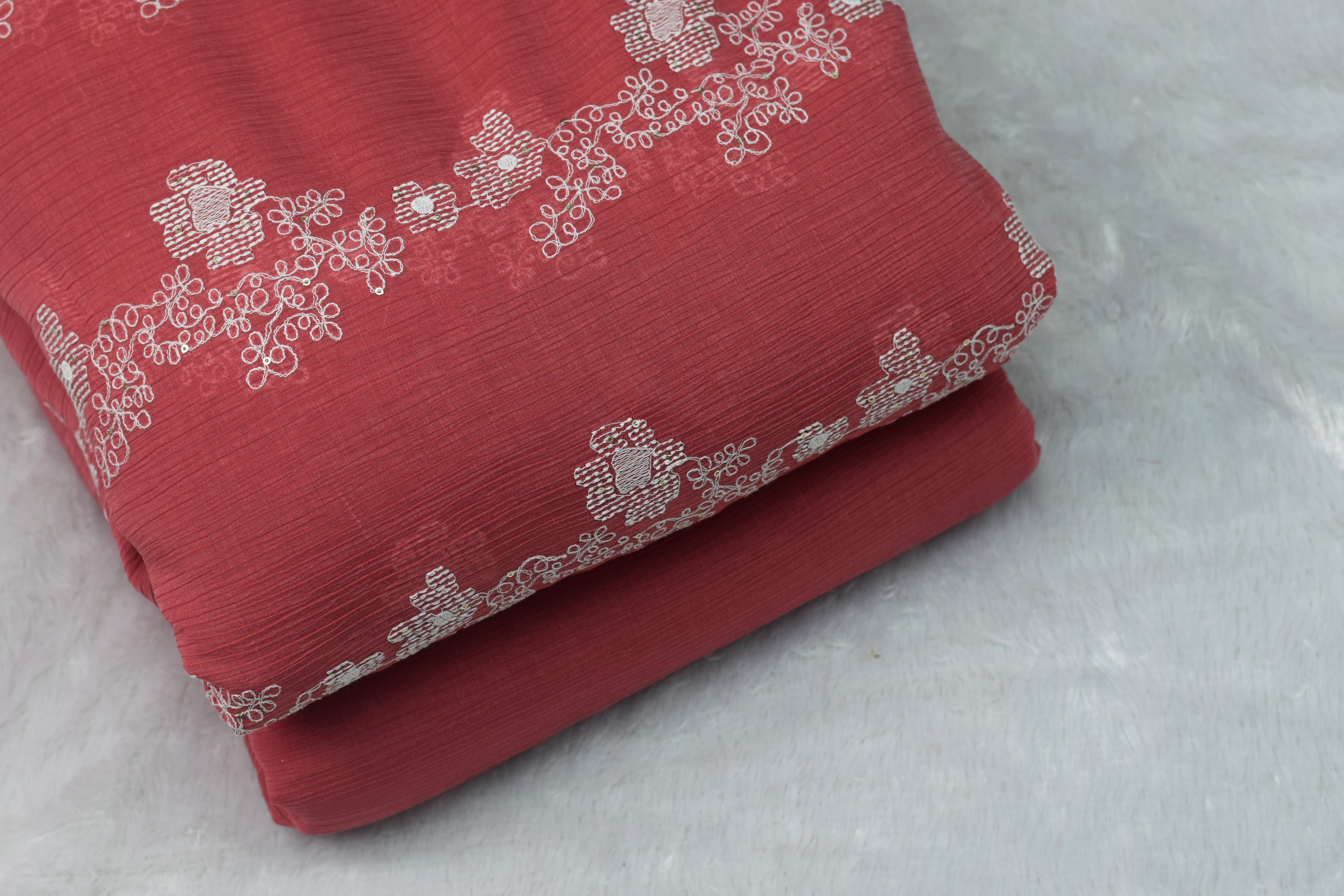 Coral Pink Embroidered Crushed Georgette Fabric - 44 Inches Width - Main Product Image - Embroidered - Nushio