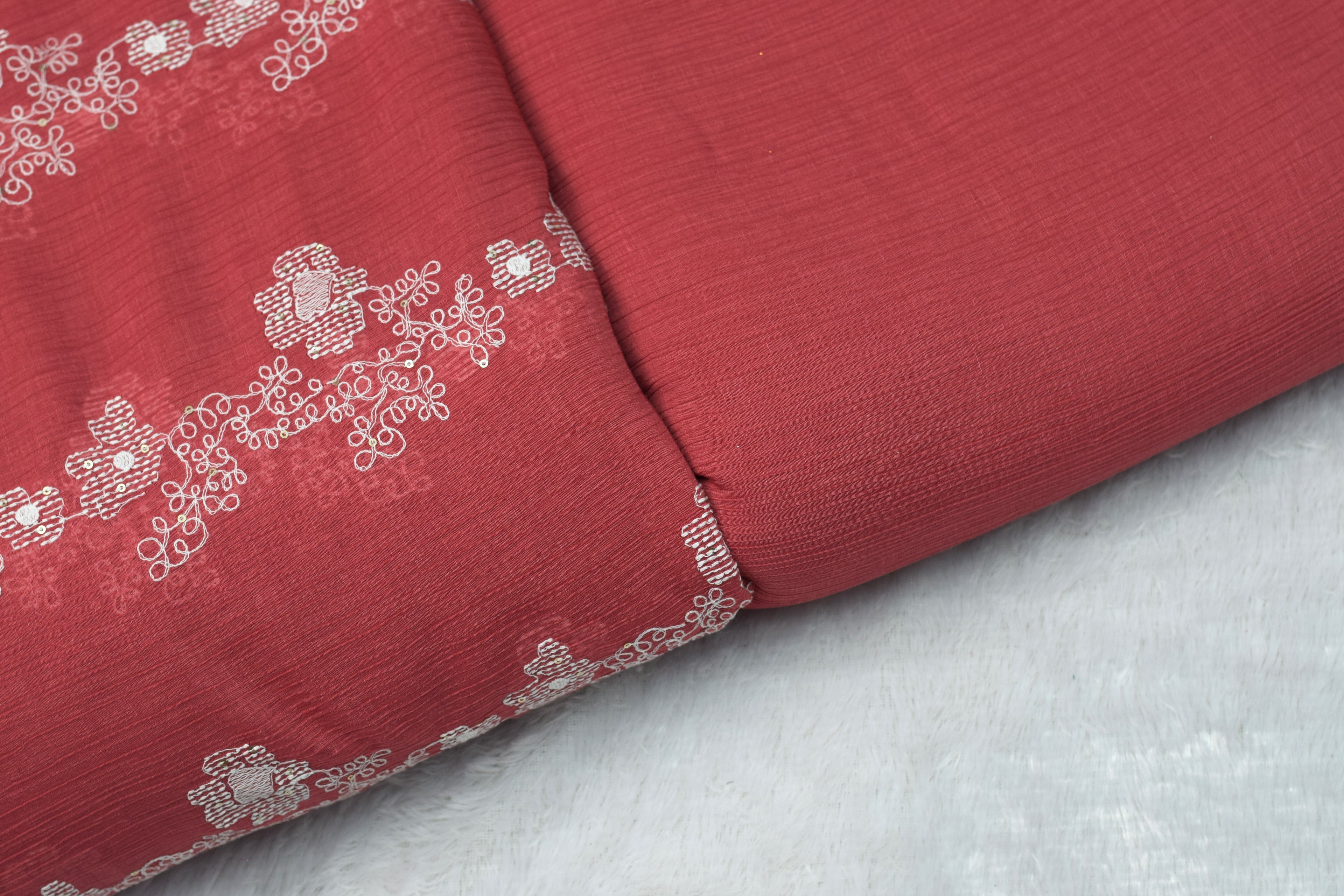 Coral Pink Embroidered Crushed Georgette Fabric - 44 Inches Width | Nushio