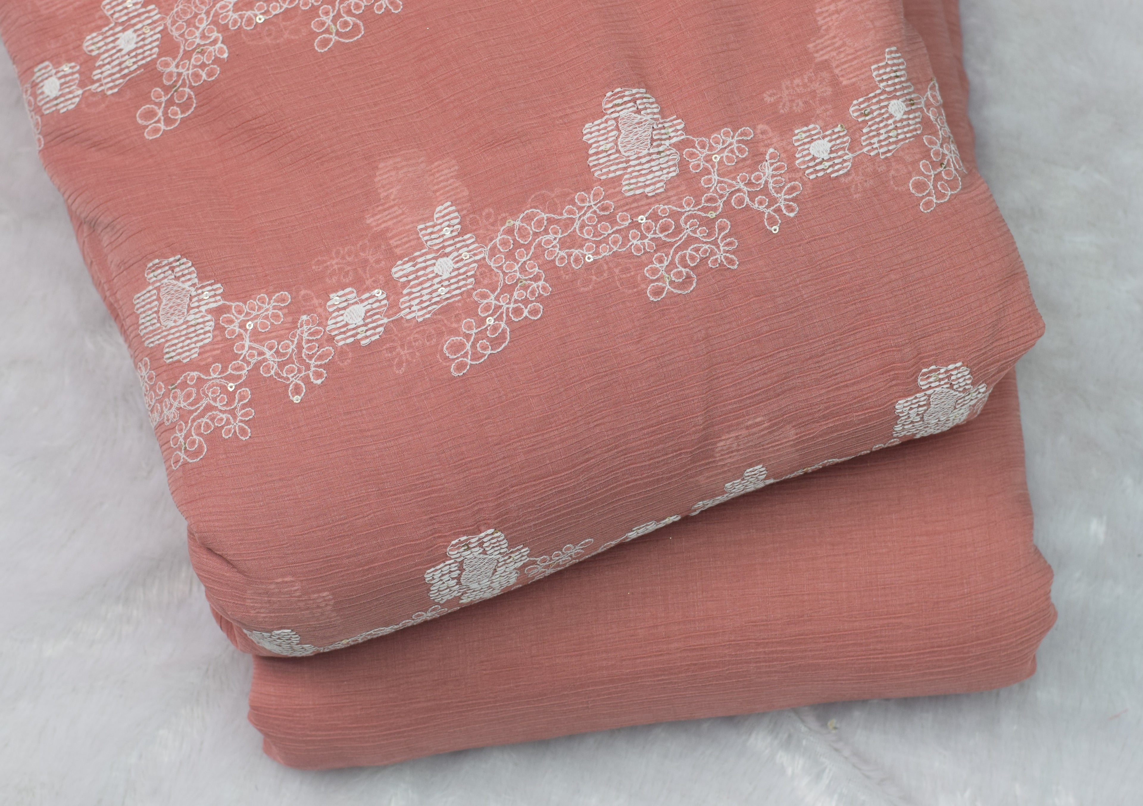 Peach Floral Embroidered Crushed Georgette Fabric – 44 Inches Width | Lightweight Designer Dress Material - Main Product Image - Floral Embroidered - Nushio