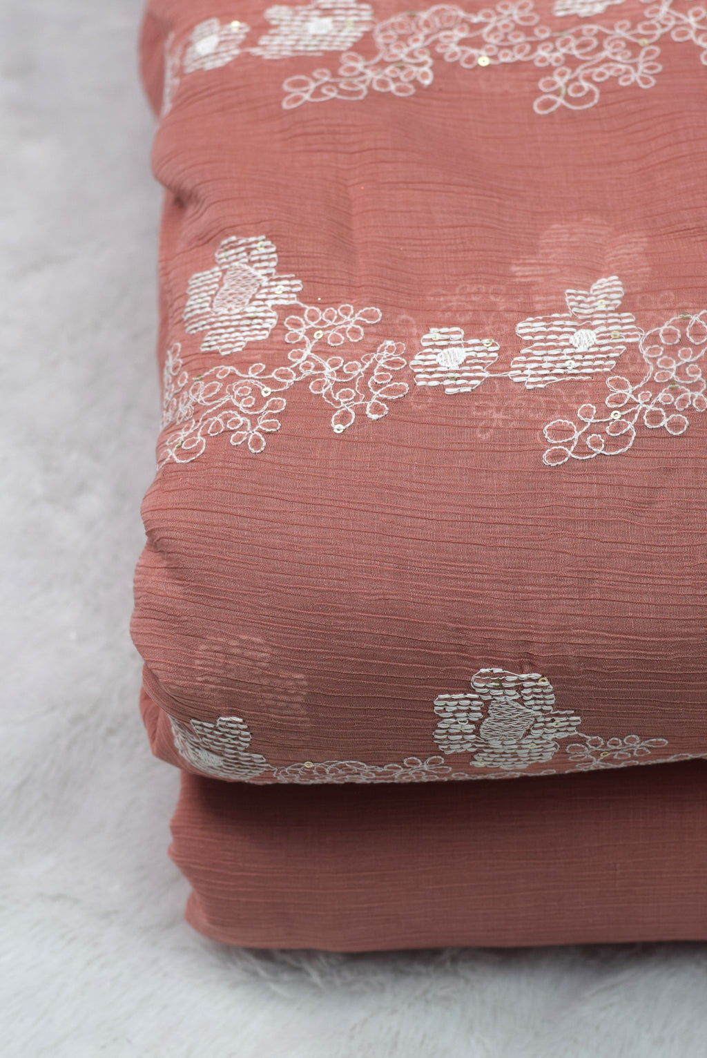 Peach Floral Embroidered Crushed Georgette Fabric – 44 Inches Width | Lightweight Designer Dress Material