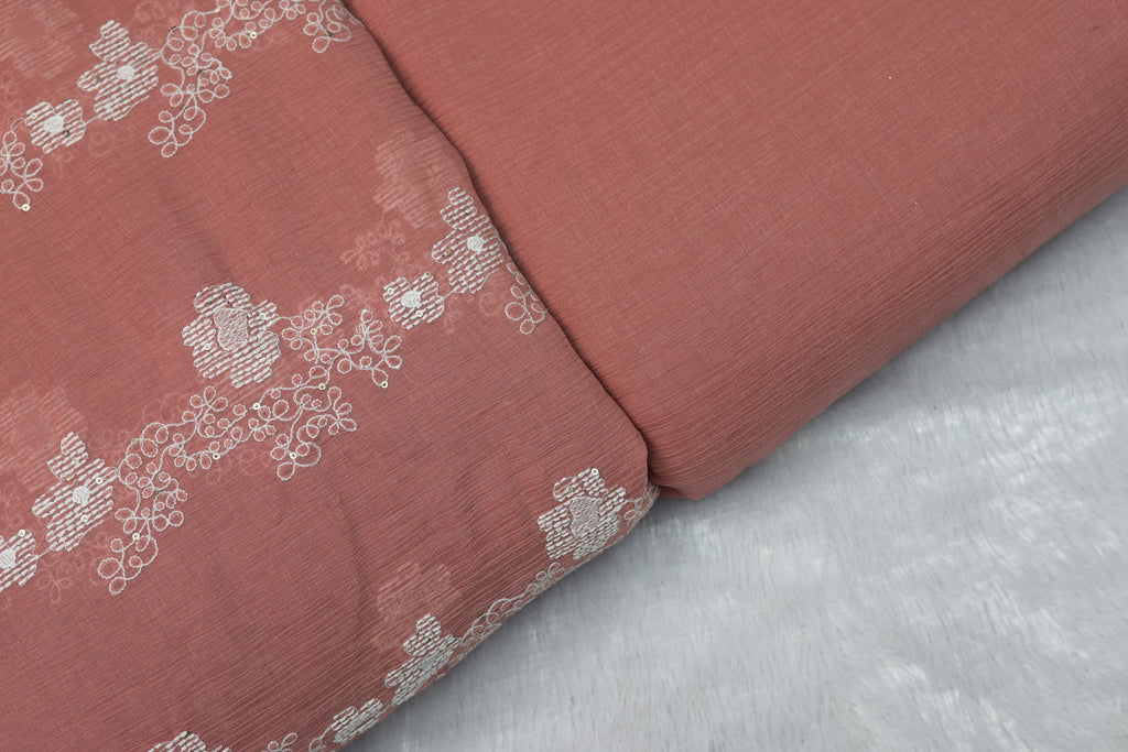 Peach Floral Embroidered Crushed Georgette Fabric – 44 Inches Width | Lightweight Designer Dress Material - View 3 - Floral Embroidered - Nushio